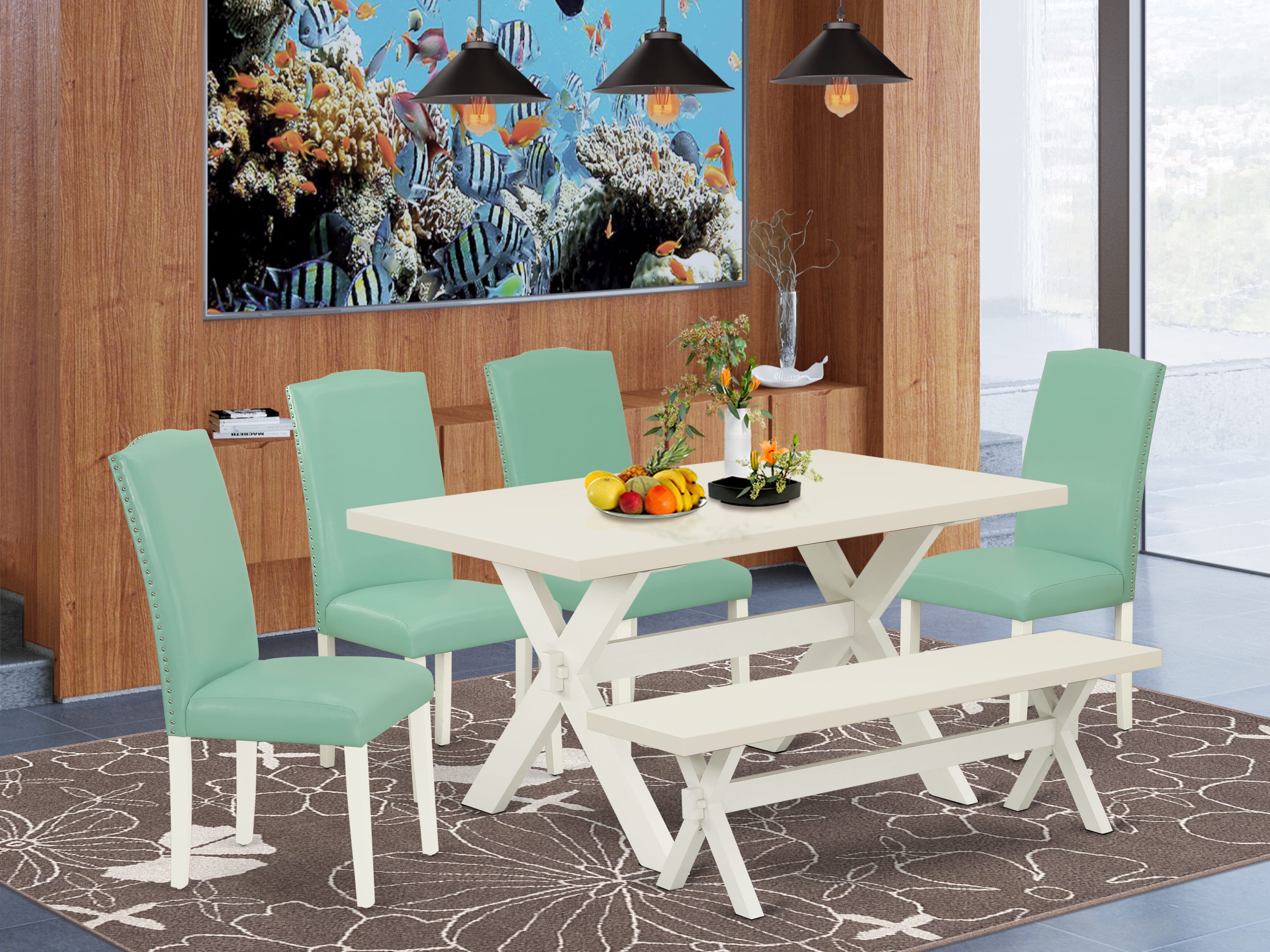 East West Furniture X026EN257-6 6-Piece dining table set-Pond Linen Fabric Seat and Button Tufted Chair Back Kitchen chairs, A Rectangular Bench and Rectangular top dining room table with Wooden Legs - linen white and linen white Finish