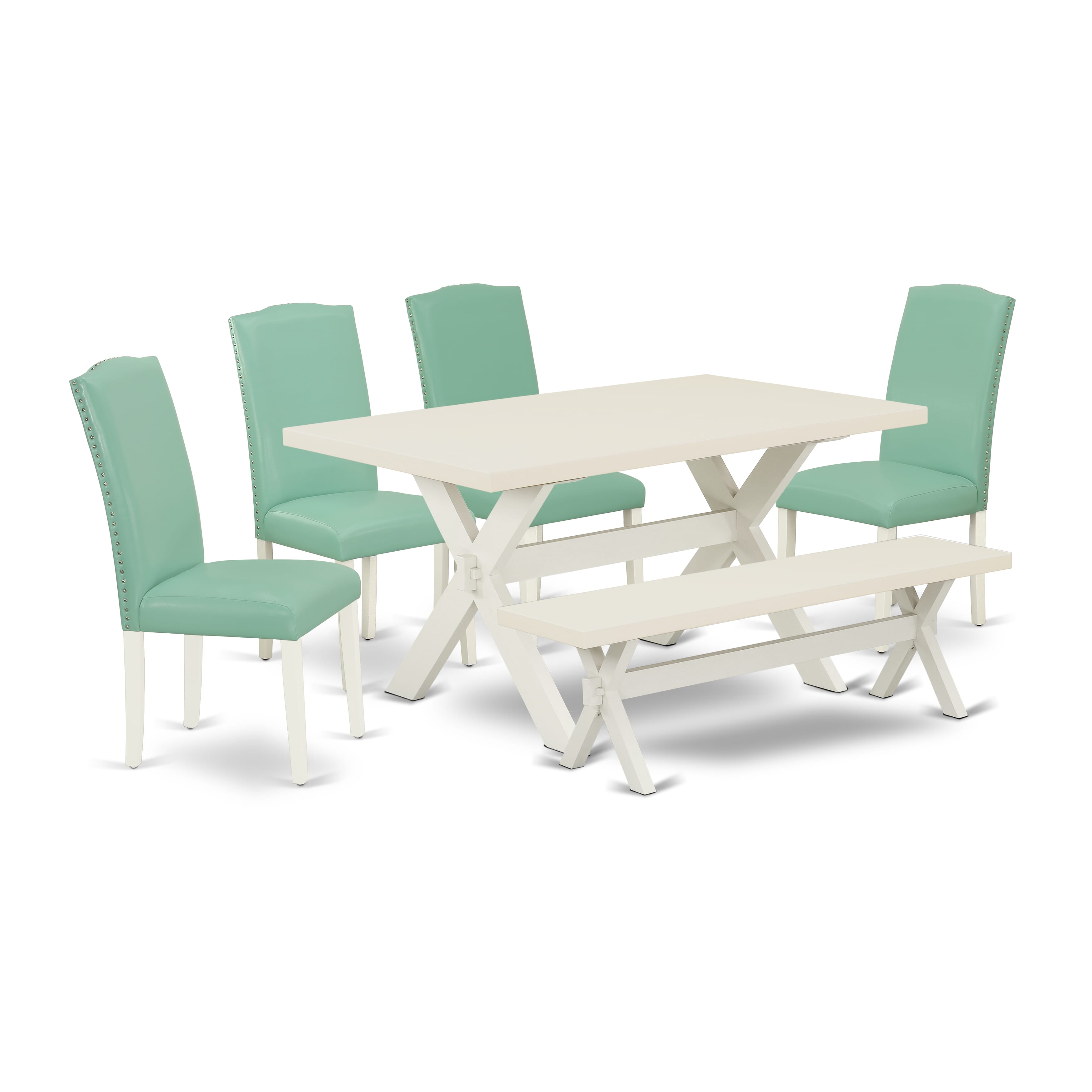East West Furniture X026EN257-6 6-Piece dining table set-Pond Linen Fabric Seat and Button Tufted Chair Back Kitchen chairs, A Rectangular Bench and Rectangular top dining room table with Wooden Legs - linen white and linen white Finish