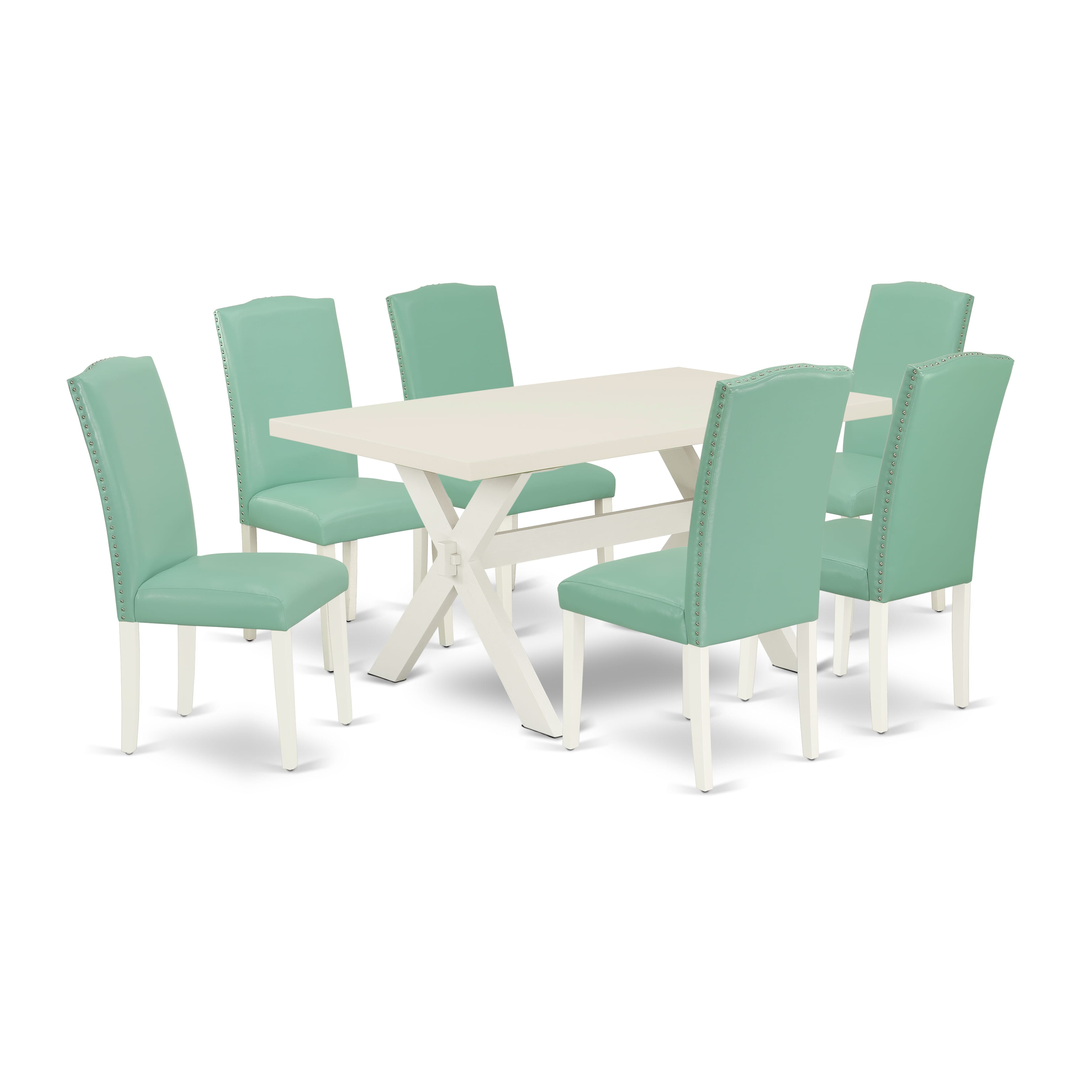 East West Furniture X026EN257-7 7-Piece dining room set a beautiful linen white kitchen table top and 6 beautiful parson chairs with Nail heads and High Stylish Chair Back, linen white Finish