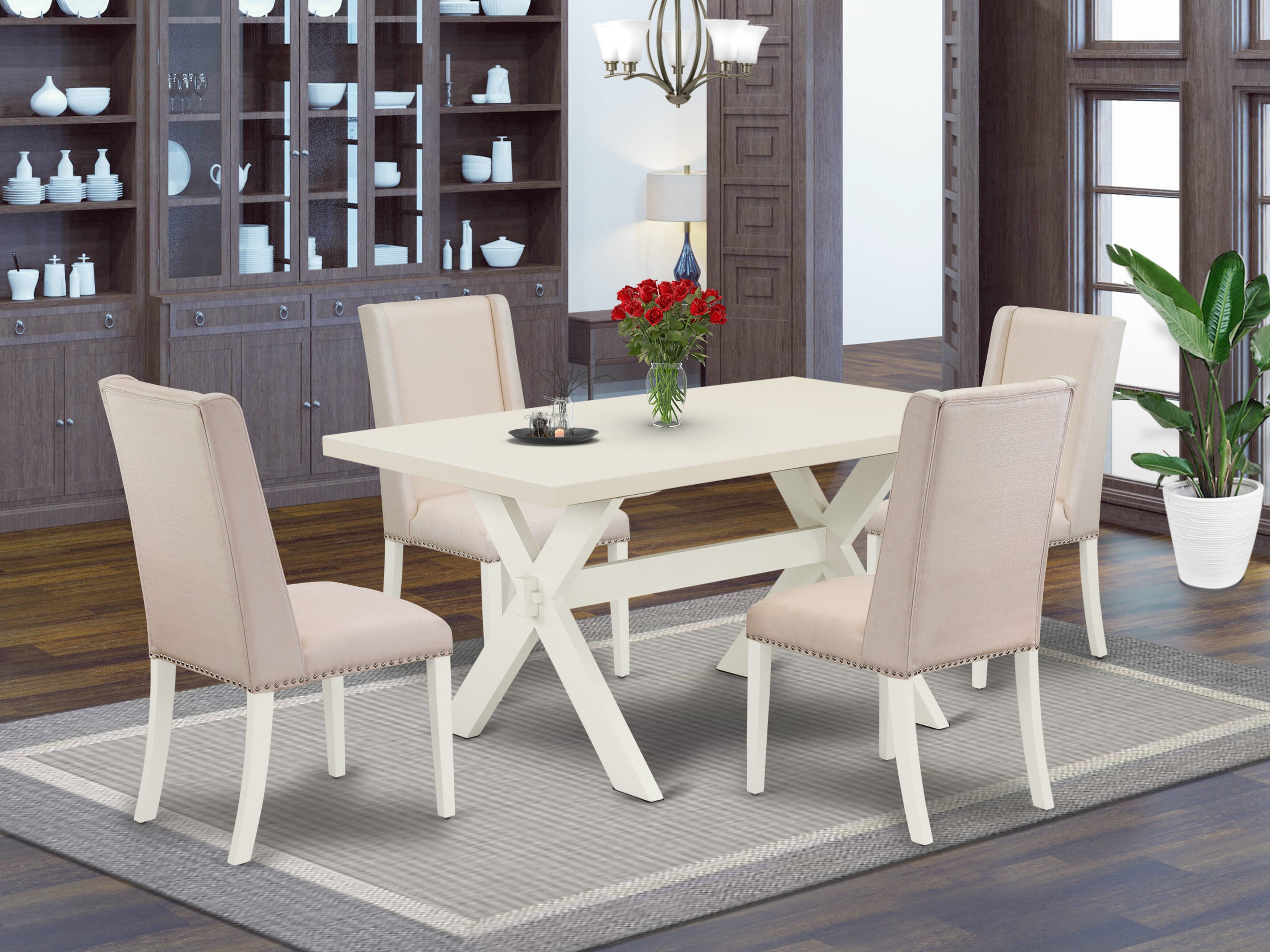 Juego de comedor de 5 piezas East West Furniture X026FL201-5 para 4 personas. Incluye una mesa de comedor rectangular con patas en forma de X y 4 sillas de comedor Parson de tela de lino color crema.