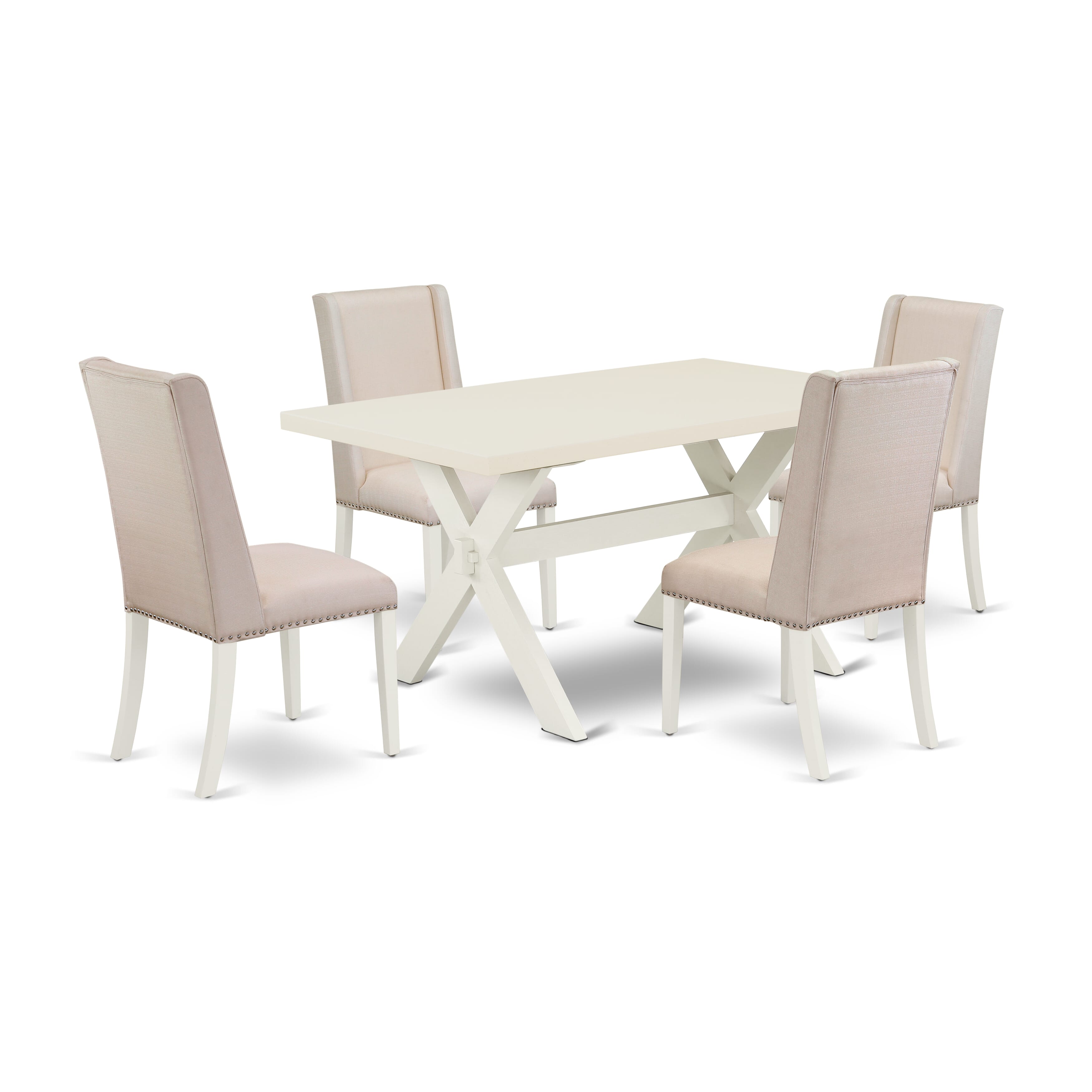 Juego de comedor de 5 piezas East West Furniture X026FL201-5 para 4 personas. Incluye una mesa de comedor rectangular con patas en forma de X y 4 sillas de comedor Parson de tela de lino color crema.