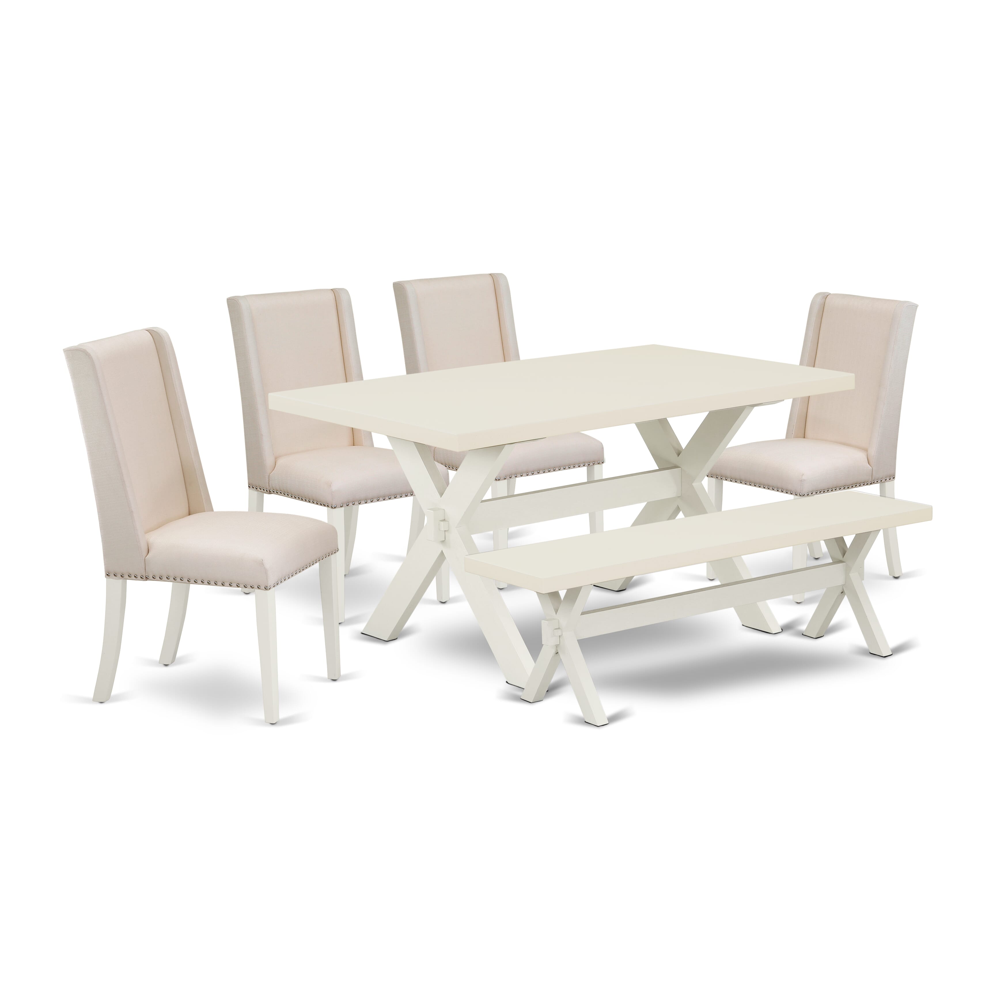 East West Furniture X026FL201-6 6-Piece Kitchen Table Set with Dining Table and Dining Room Bench - 4 Linen Fabric Dining Chairs (Wire Brushed Black Finish)