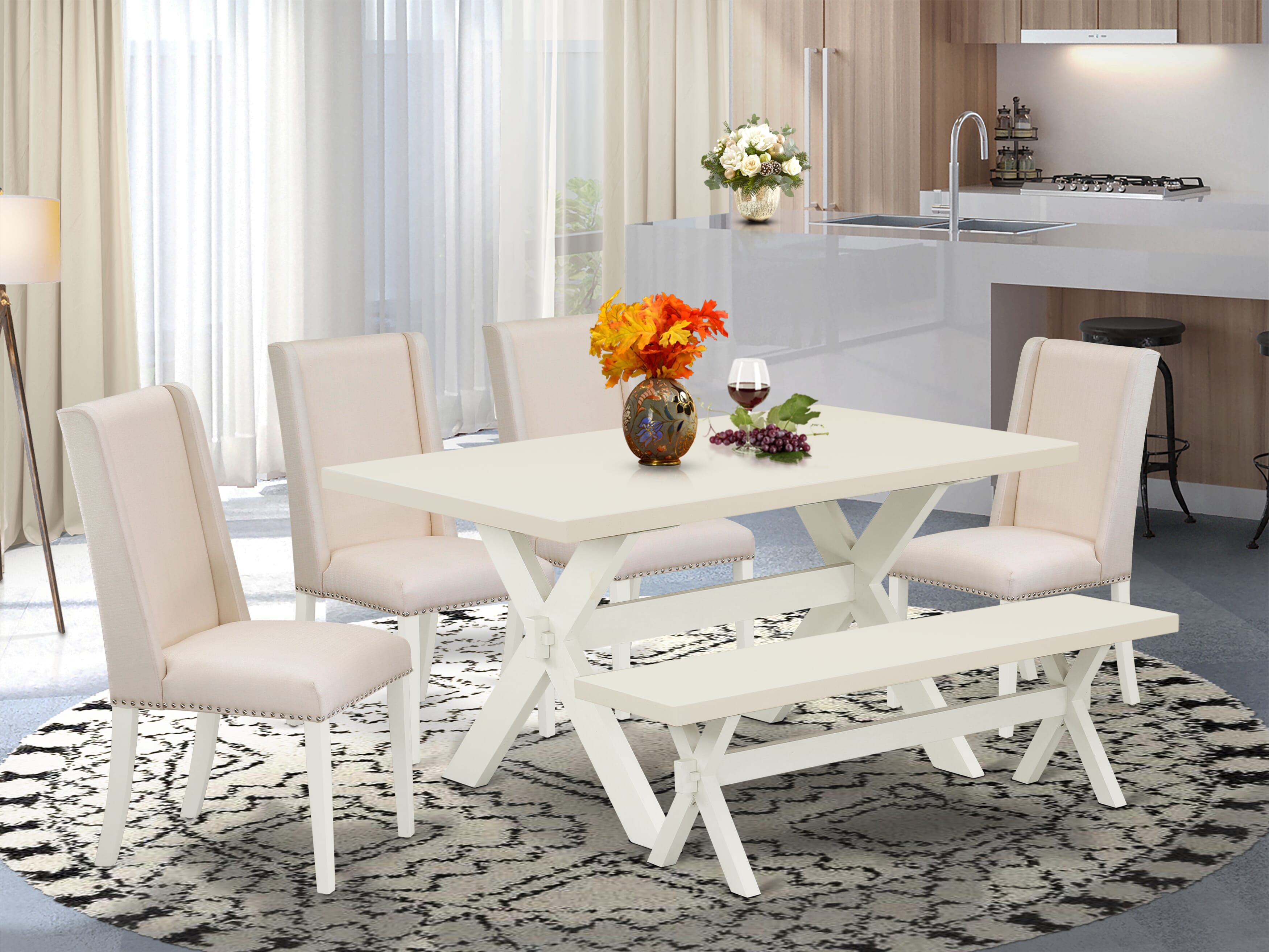 East West Furniture X026FL201-6 6-Piece Kitchen Table Set with Dining Table and Dining Room Bench - 4 Linen Fabric Dining Chairs (Wire Brushed Black Finish)