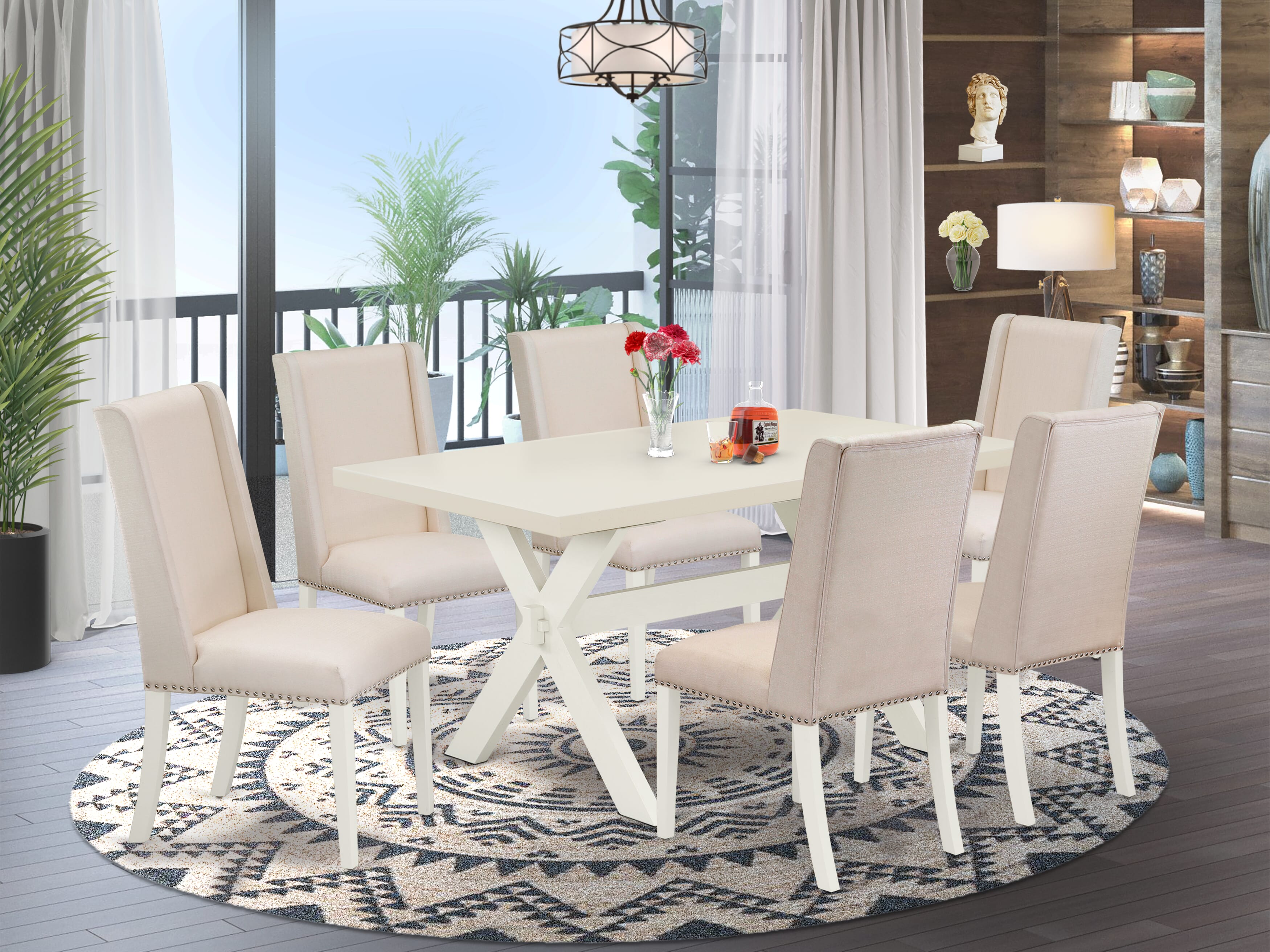 East West Furniture X026FL201-7 7-Pc dining table set a beautiful linen white rectangular table top and 6 gorgeous parson dining chairs with Nail heads and high Stylish Chair Back, linen white Finish