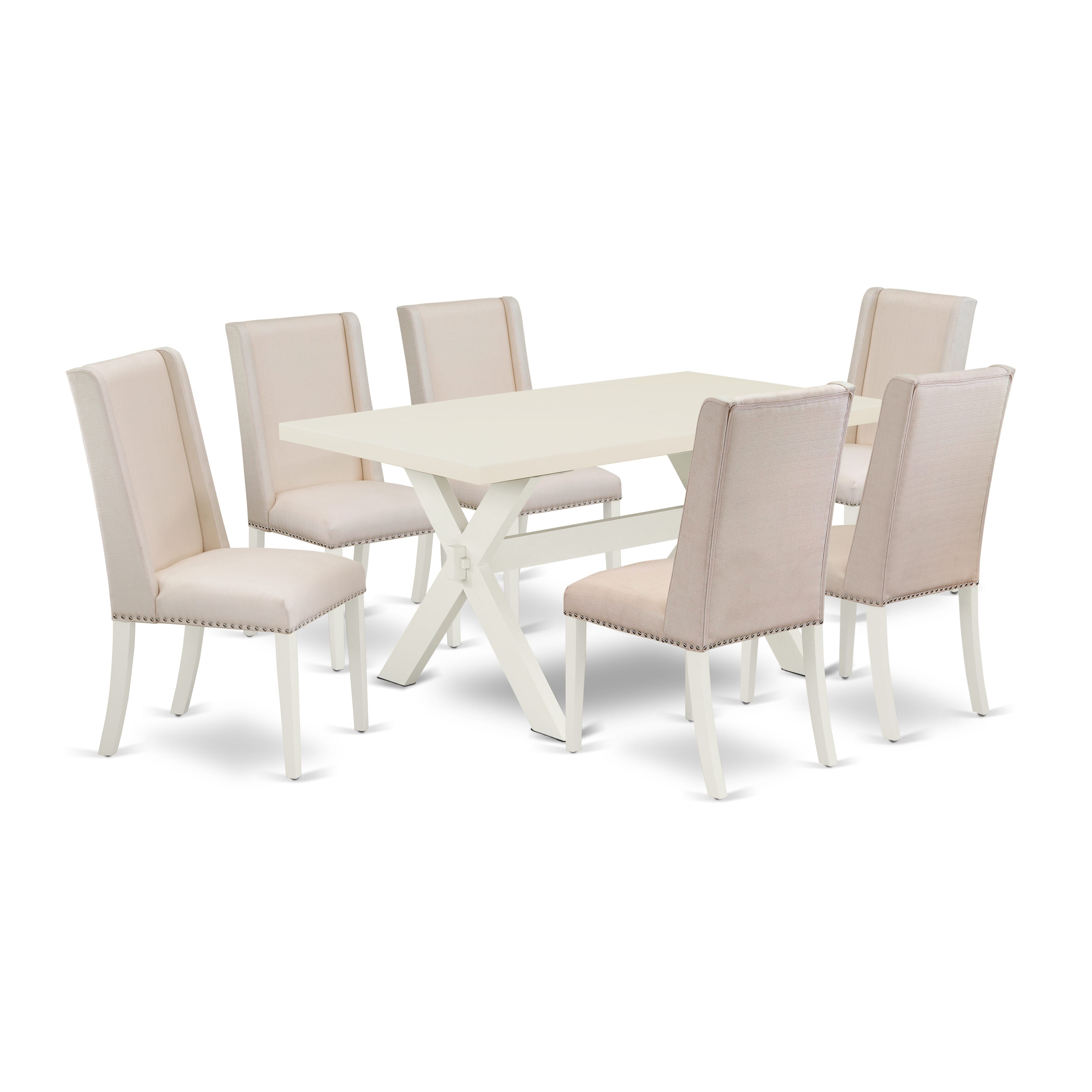 East West Furniture X026FL201-7 7-Pc dining table set a beautiful linen white rectangular table top and 6 gorgeous parson dining chairs with Nail heads and high Stylish Chair Back, linen white Finish