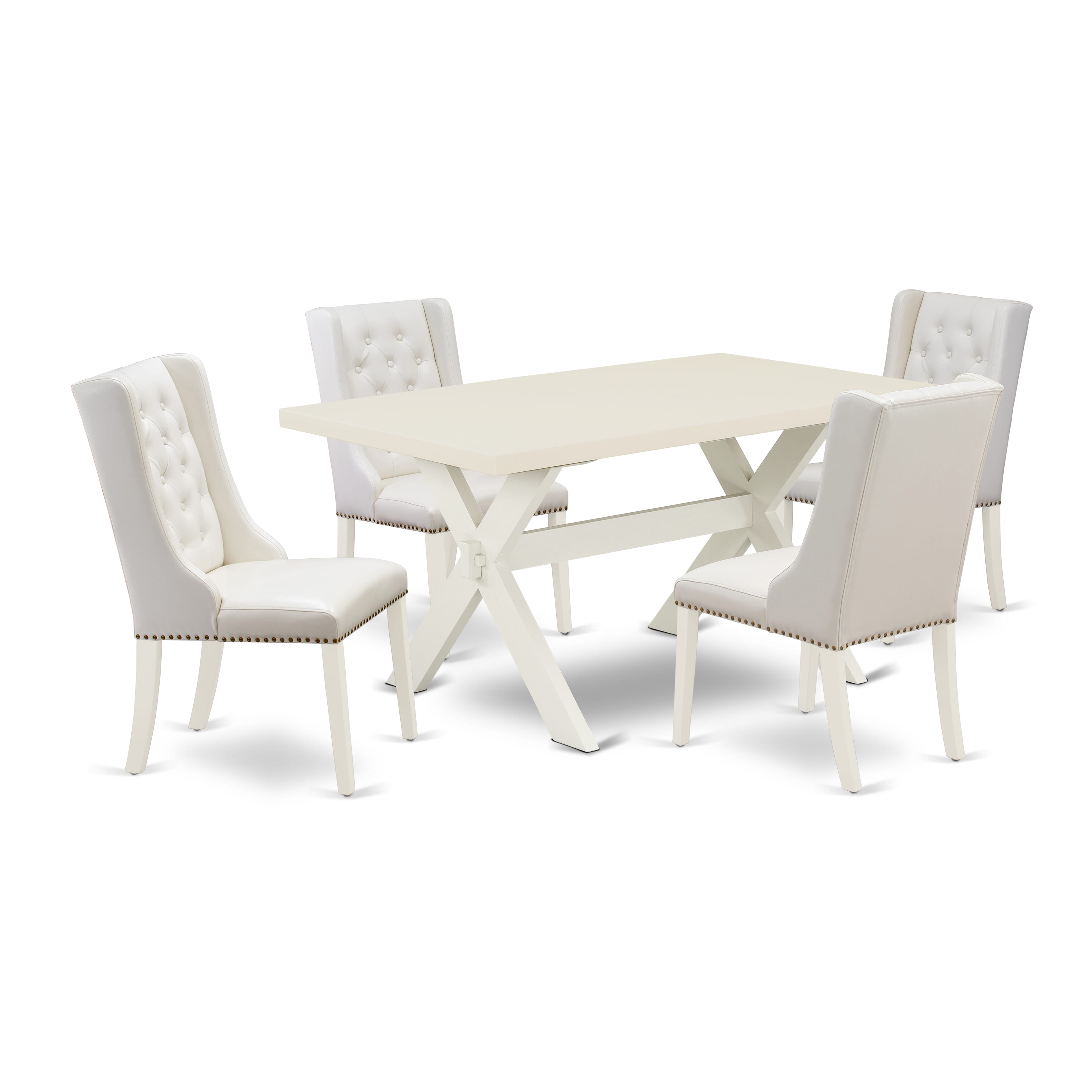 Juego de comedor de 5 piezas East West Furniture X026FO244-5. Incluye una mesa de comedor rectangular con patas en forma de X y 4 sillas tapizadas en piel sintética gris claro.