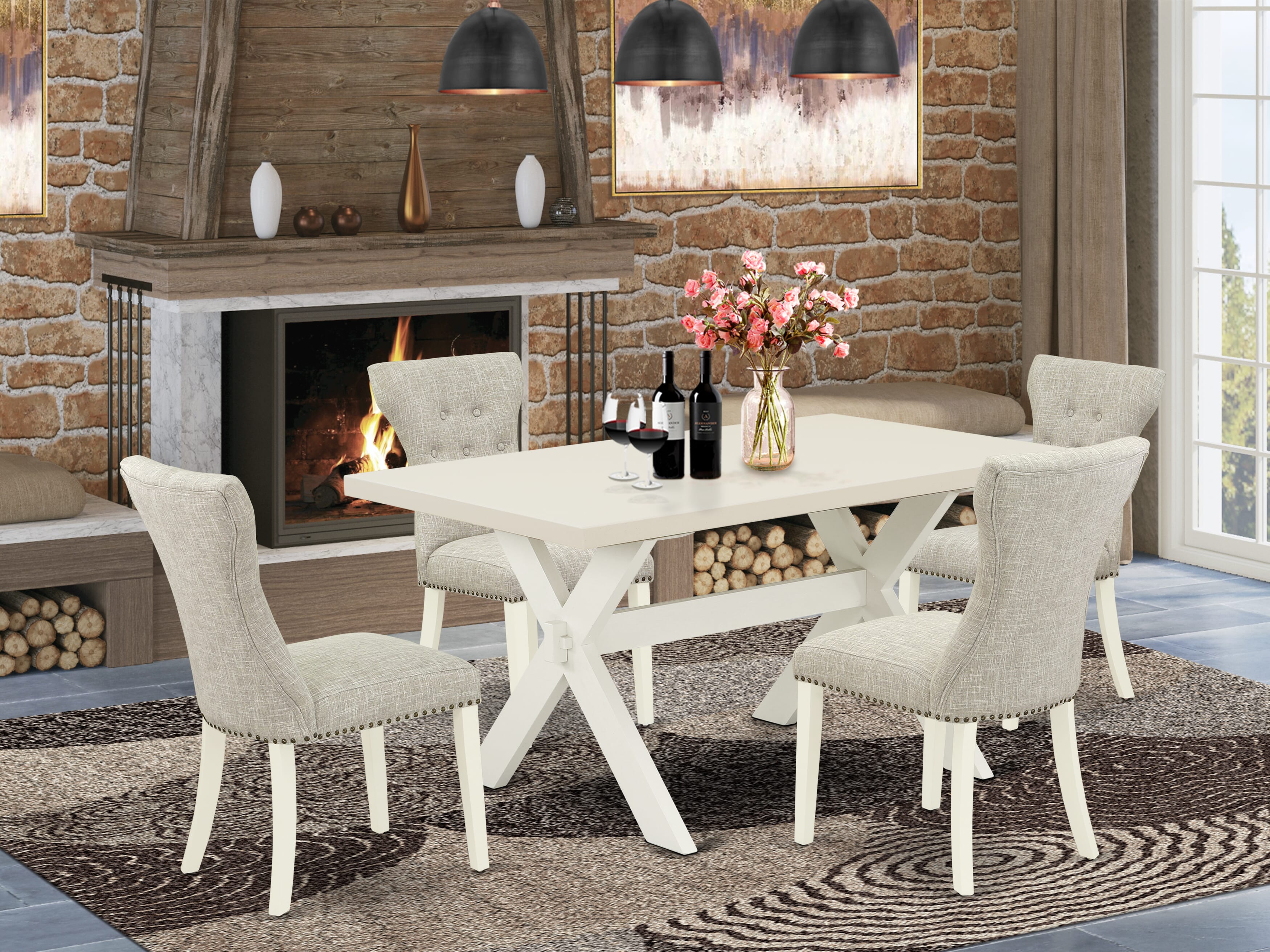 Juego de comedor de 5 piezas de East West Furniture. Incluye 4 sillas de cocina tipo párroco, asiento tapizado con clavos, respaldo alto con botones y mesa de comedor rectangular con cubierta de lino blanco. Acabado en lino blanco.