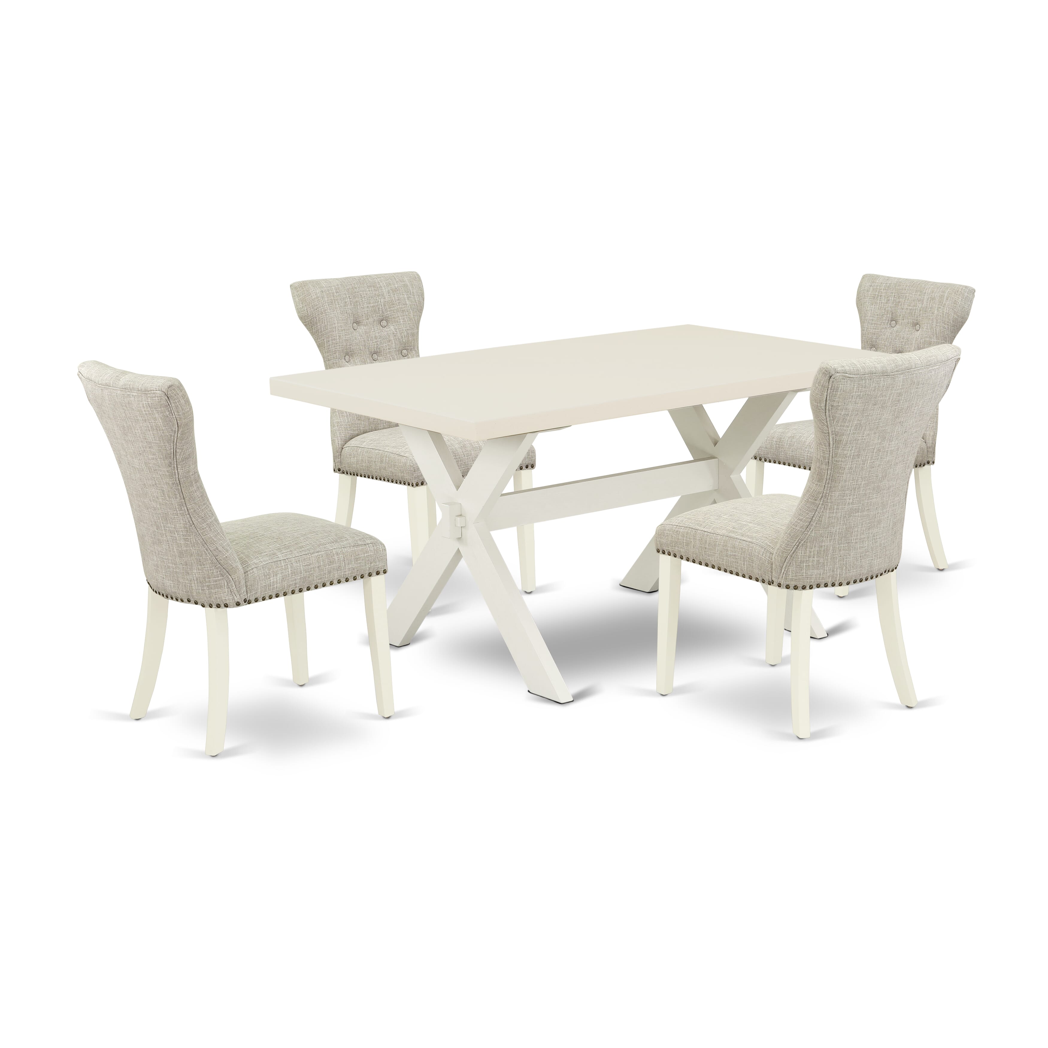 Juego de comedor de 5 piezas de East West Furniture. Incluye 4 sillas de cocina tipo párroco, asiento tapizado con clavos, respaldo alto con botones y mesa de comedor rectangular con cubierta de lino blanco. Acabado en lino blanco.