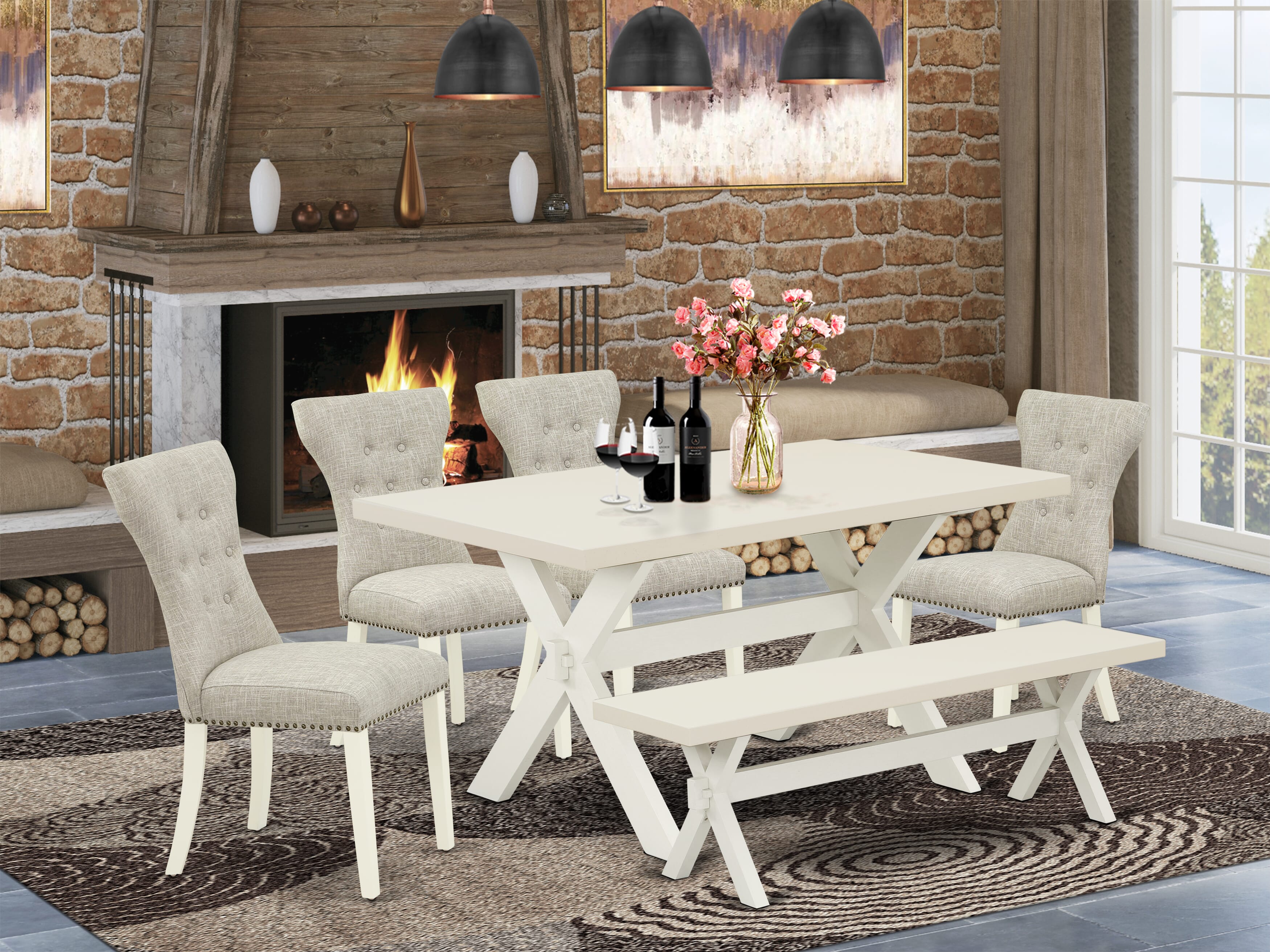 Juego de comedor de cocina de 6 piezas East West Furniture con asiento de tela de lino y respaldo capitoné con botones, sillas de comedor Parson