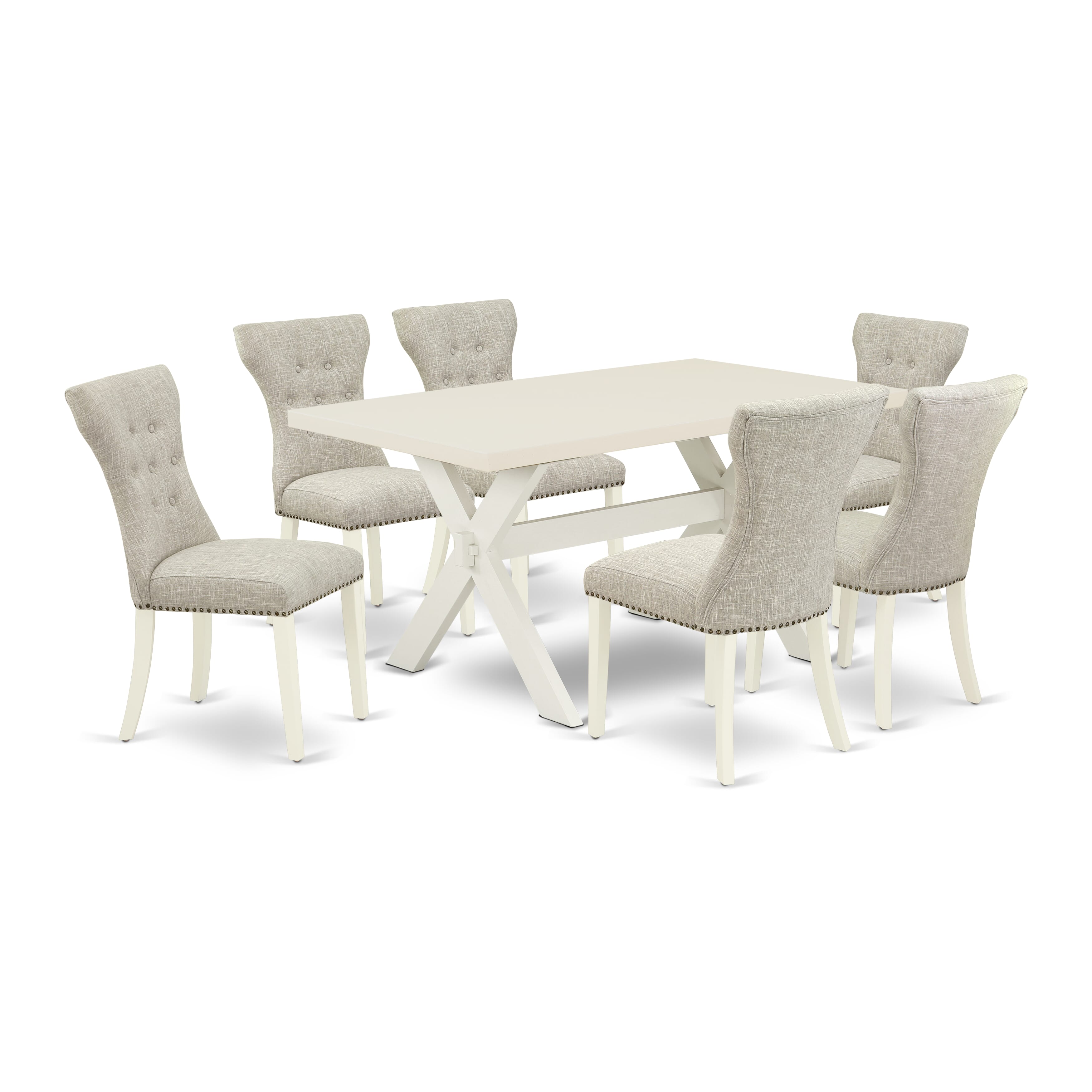 Juego de comedor de 7 piezas East West Furniture X026GA235-7 compuesto por una mesa de comedor rectangular con patas en forma de X y 6 sillas Parson tapizadas en tela de lino y piel de venado.