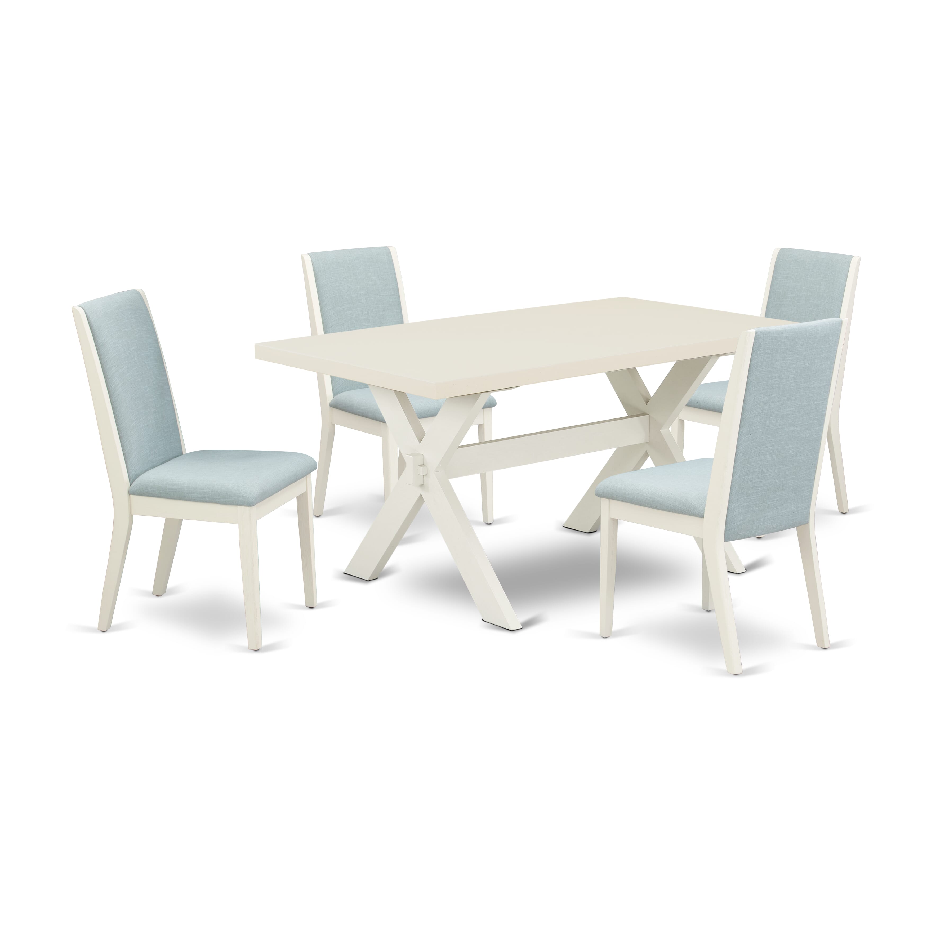East West Furniture X026LA015-5 5Pc Dining Table set Contains a Wood Dining Table and 4 Parsons Dining Chairs with Baby Blue Color Linen Fabric, Medium Size Table with Full Back Chairs, Wirebrushed Linen White Finish