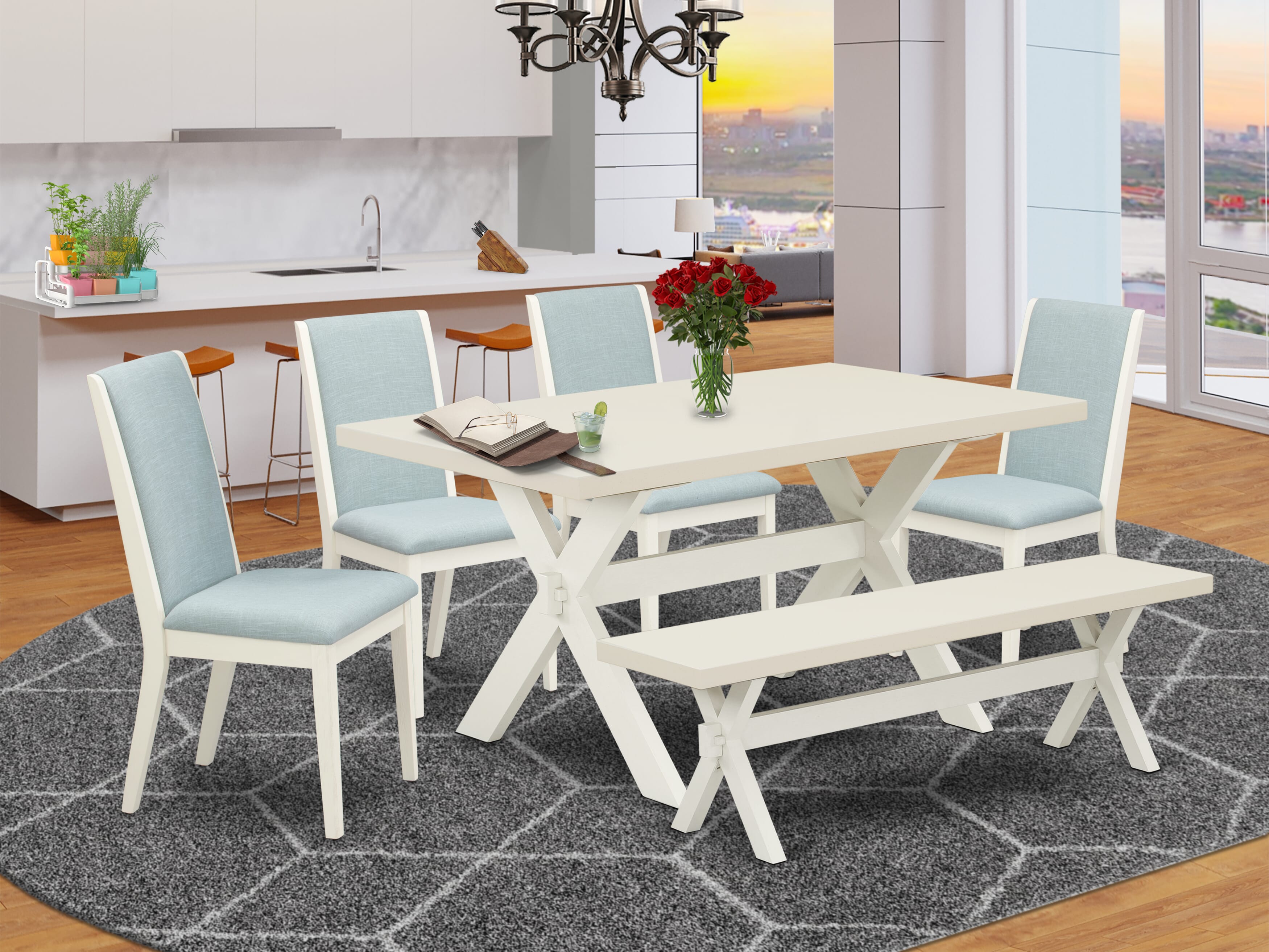 East West Furniture X026LA015-6 6Pc Dinette Sets for Small Spaces Includes a Dining Table, 4 Parsons Dining Chairs with Baby Blue Color Linen Fabric and a Bench, Medium Size Table with Full Back Chairs, Wirebrushed Linen White Finish