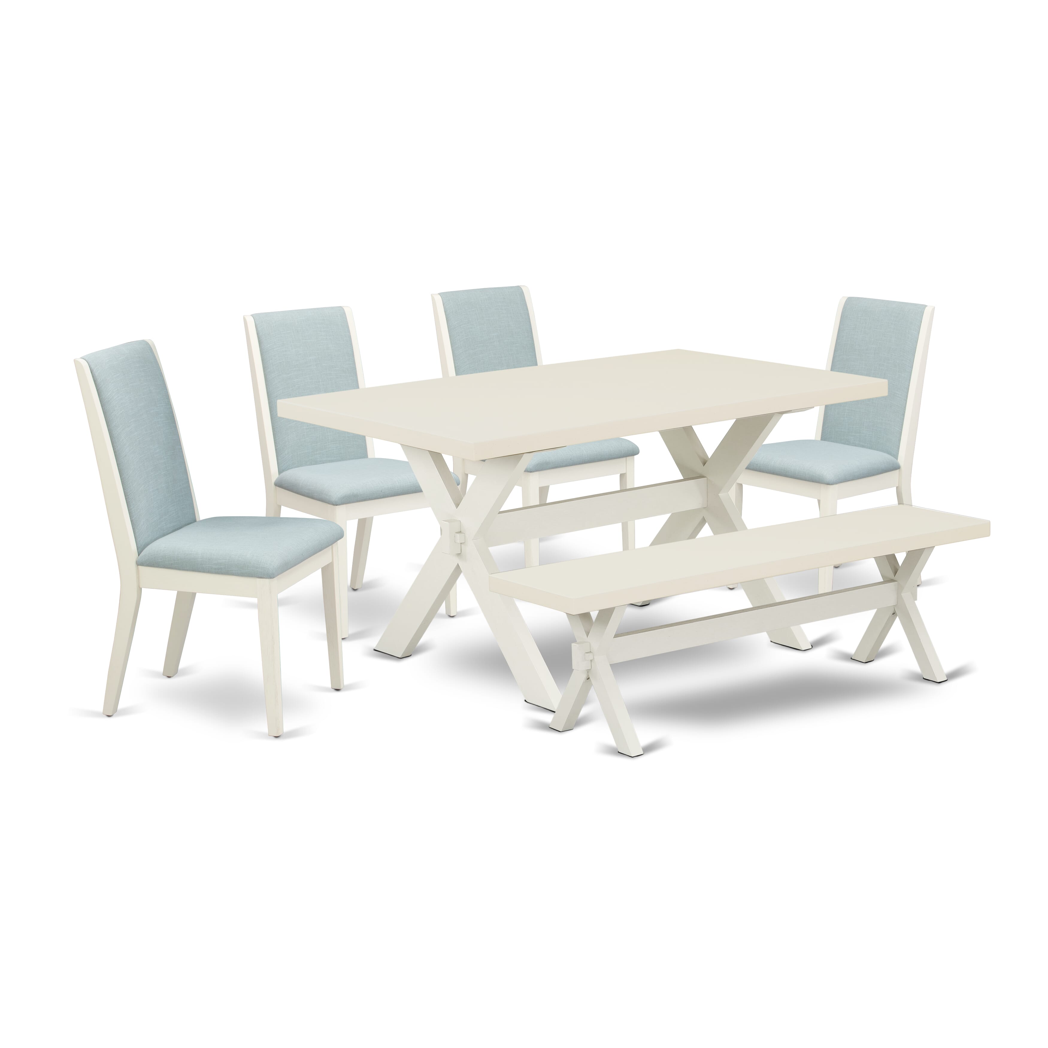 East West Furniture X026LA015-6 6Pc Dinette Sets for Small Spaces Includes a Dining Table, 4 Parsons Dining Chairs with Baby Blue Color Linen Fabric and a Bench, Medium Size Table with Full Back Chairs, Wirebrushed Linen White Finish