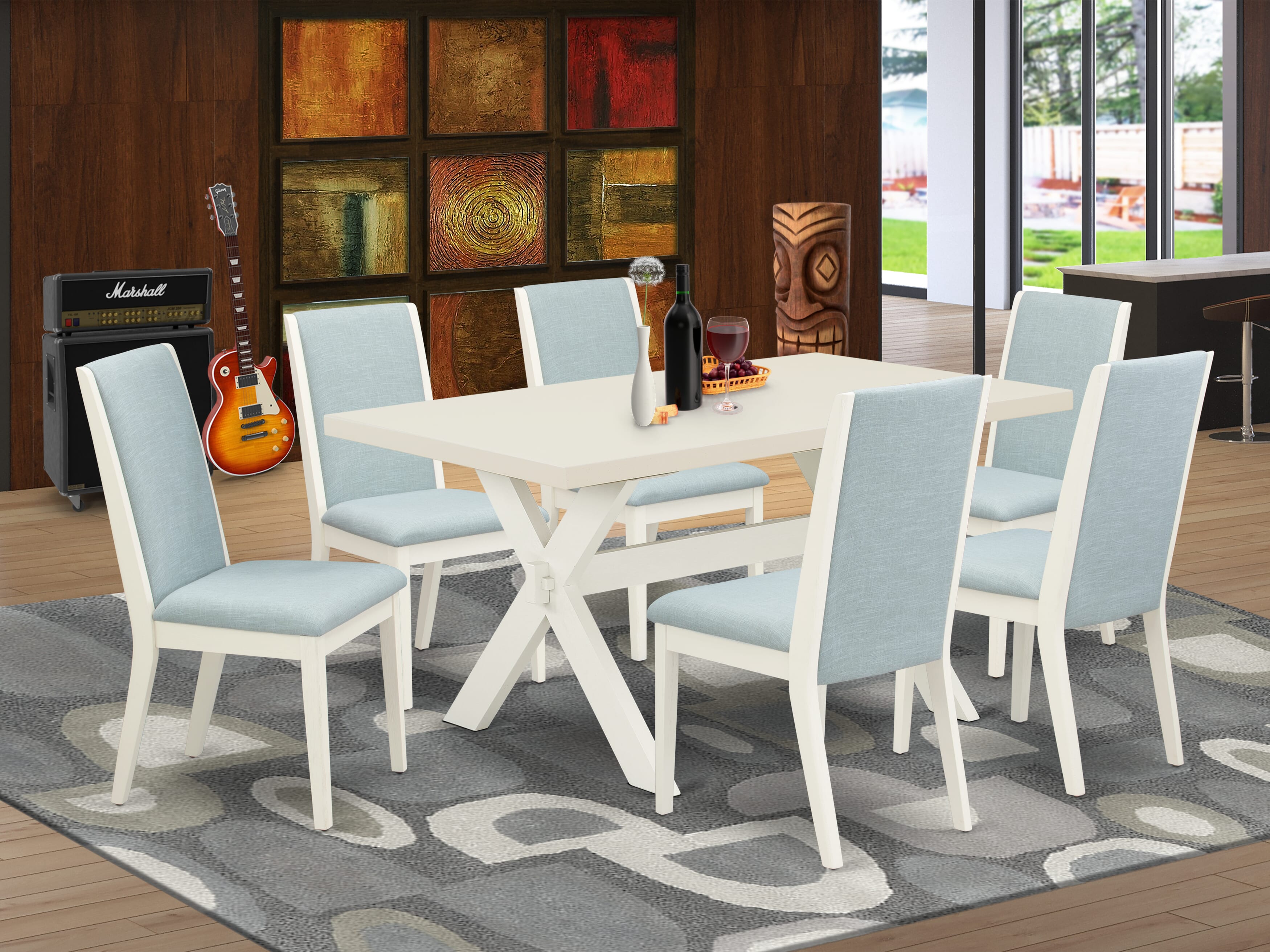 Juego de comedor de 7 piezas East West Furniture X026LA015-7. Incluye una mesa de madera y 6 sillas de comedor tapizadas con tela de lino color azul bebé.