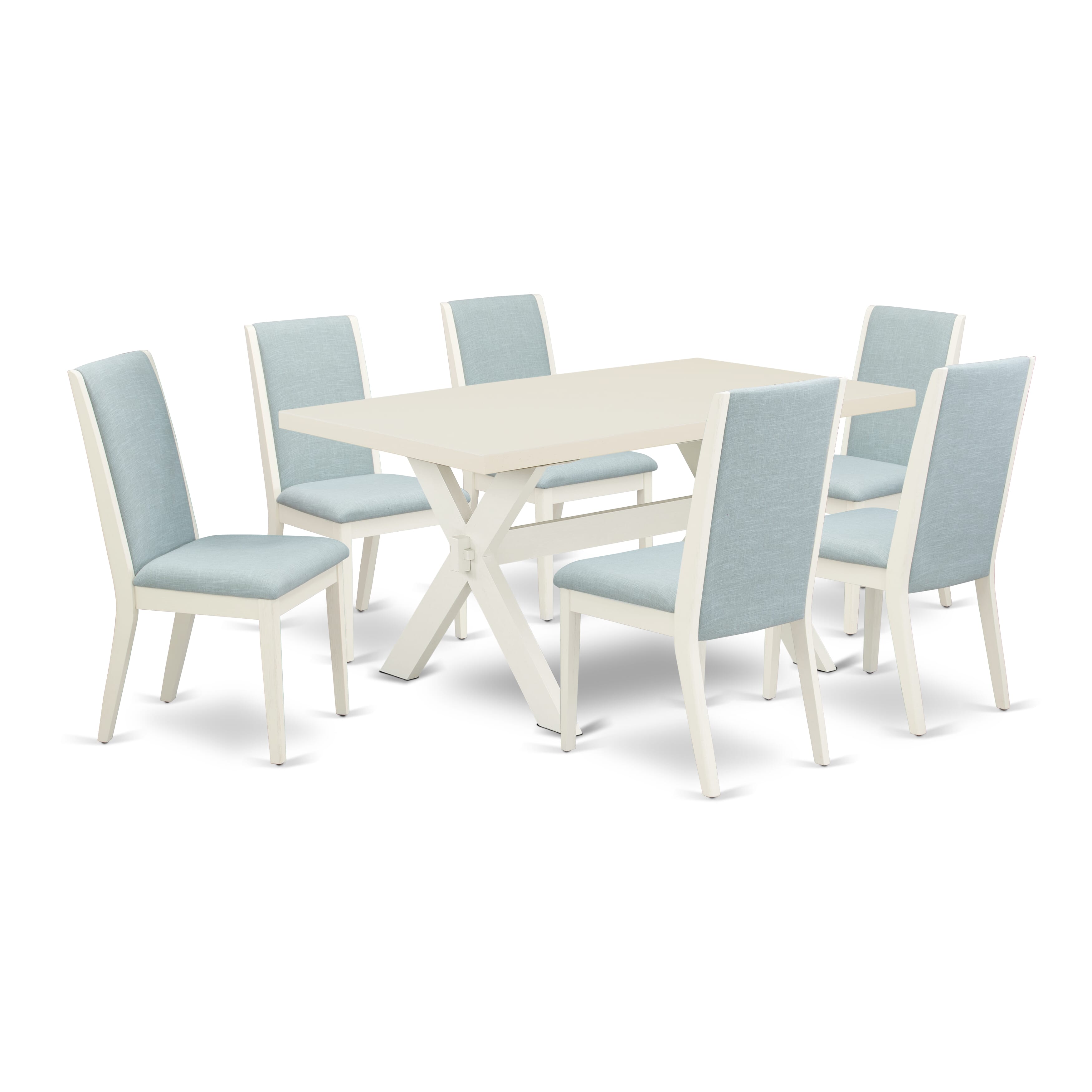 Juego de comedor de 7 piezas East West Furniture X026LA015-7. Incluye una mesa de madera y 6 sillas de comedor tapizadas con tela de lino color azul bebé.