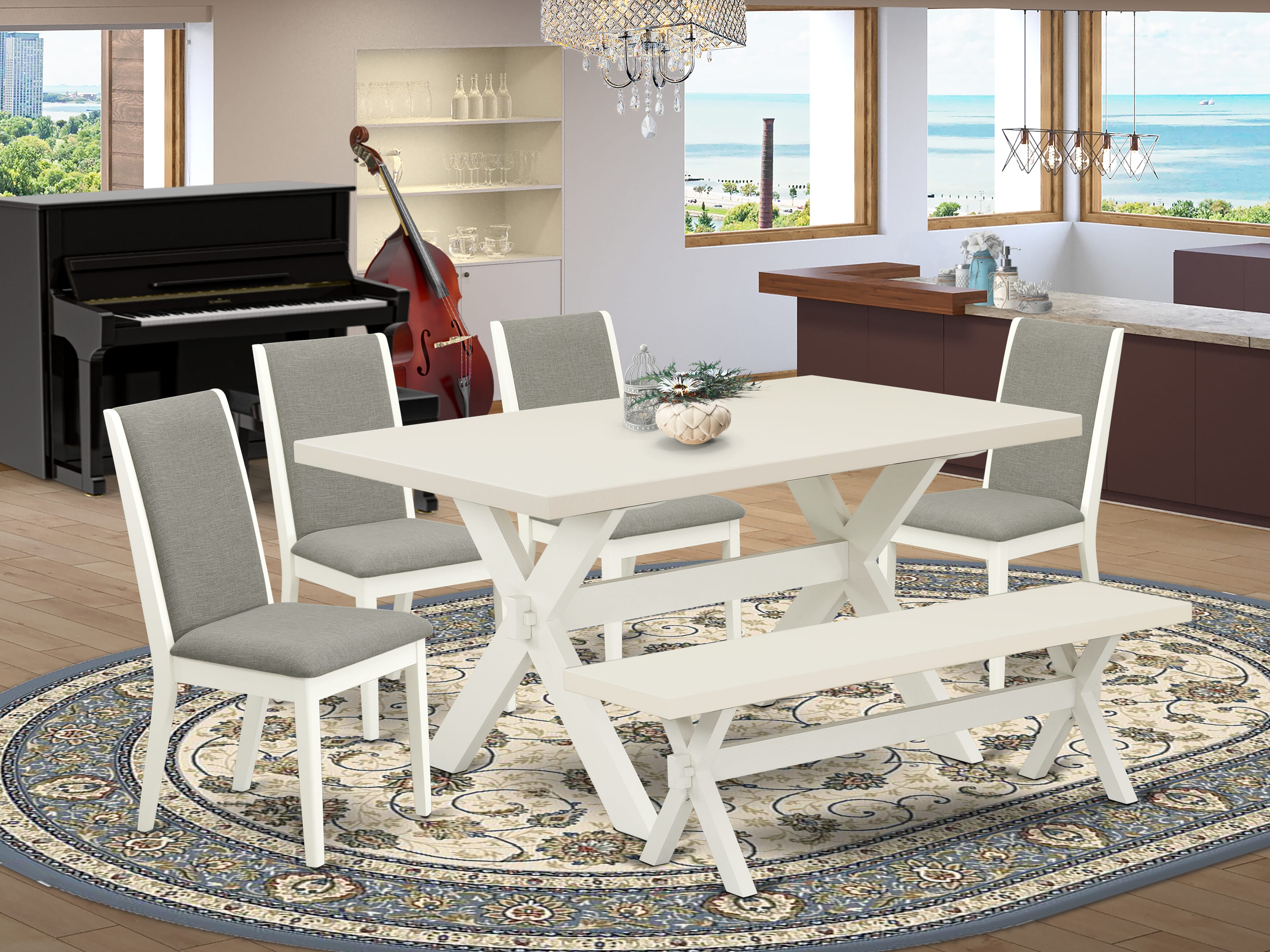Juego de mesa de cocina de 6 piezas East West Furniture X026LA206-6. Contiene una mesa de comedor rectangular con patas en forma de X y 4 sillas Parson de tela de lino Shitake con un banco.