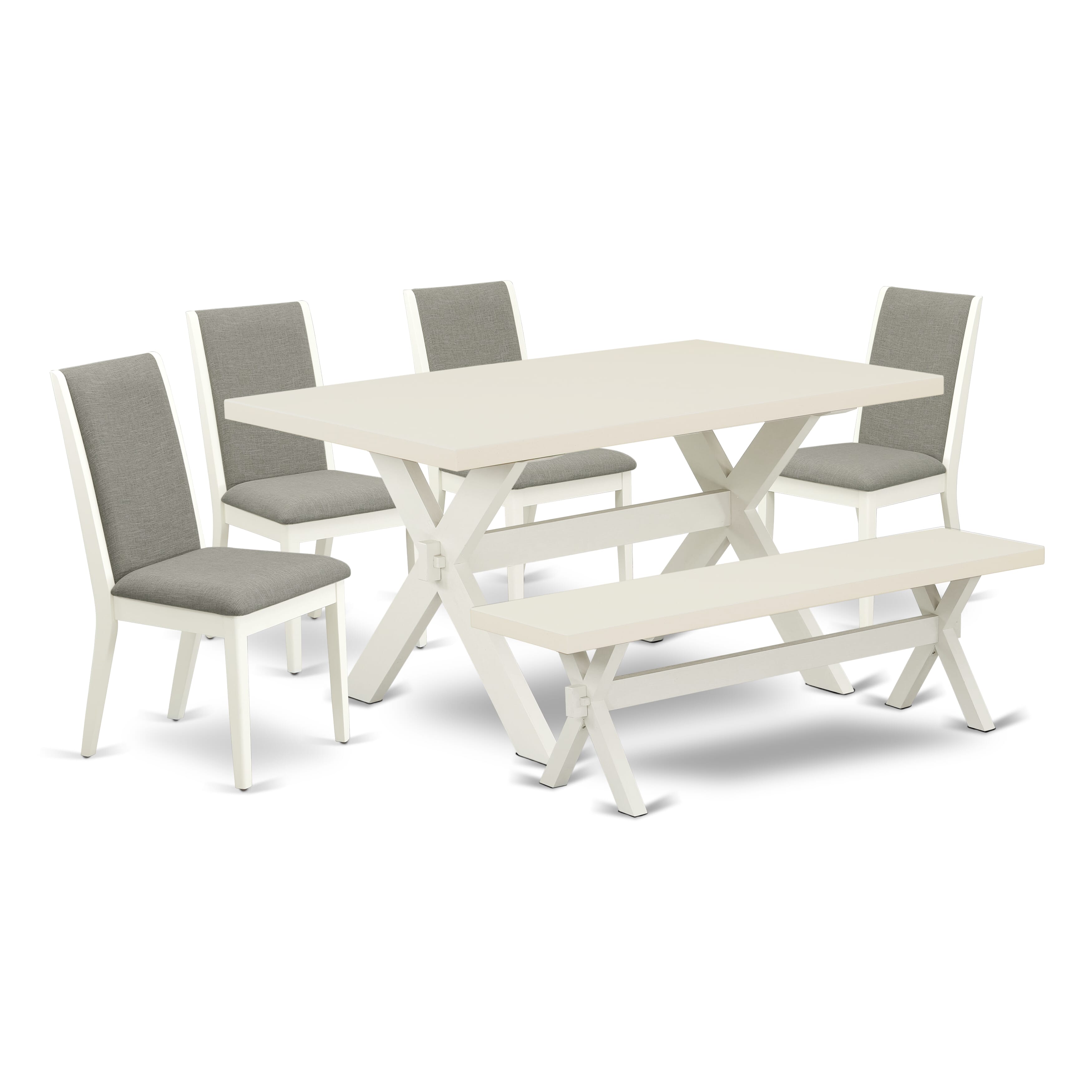 Juego de mesa de cocina de 6 piezas East West Furniture X026LA206-6. Contiene una mesa de comedor rectangular con patas en forma de X y 4 sillas Parson de tela de lino Shitake con un banco.