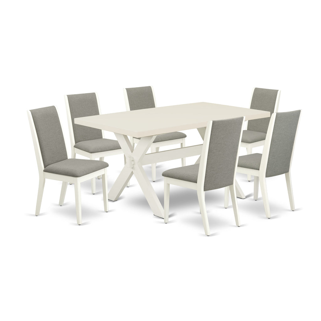 East West Furniture X026LA206-7 7-Piece Dining Table Set with Dining Table - 6 Linen Fabric Dining Chairs (linen white Finish)