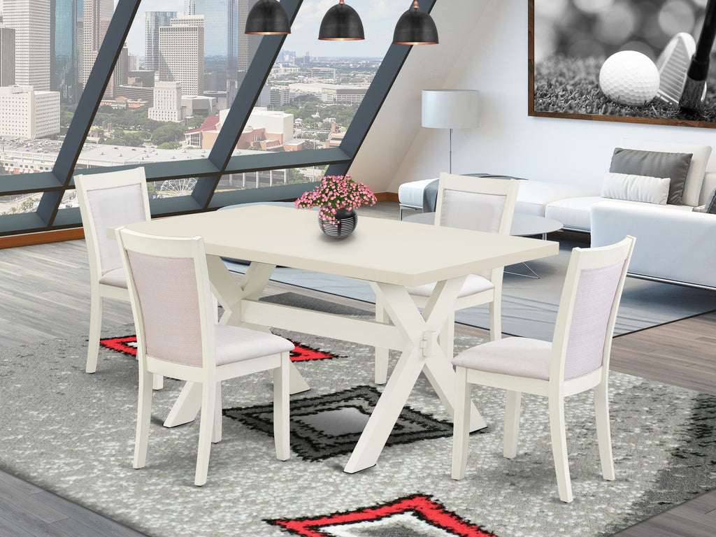 Juego de comedor de 5 piezas East West Furniture X026MZ001-5. Incluye una mesa de comedor rectangular con patas en forma de X y 4 sillas Parson tapizadas en tela de lino color crema.