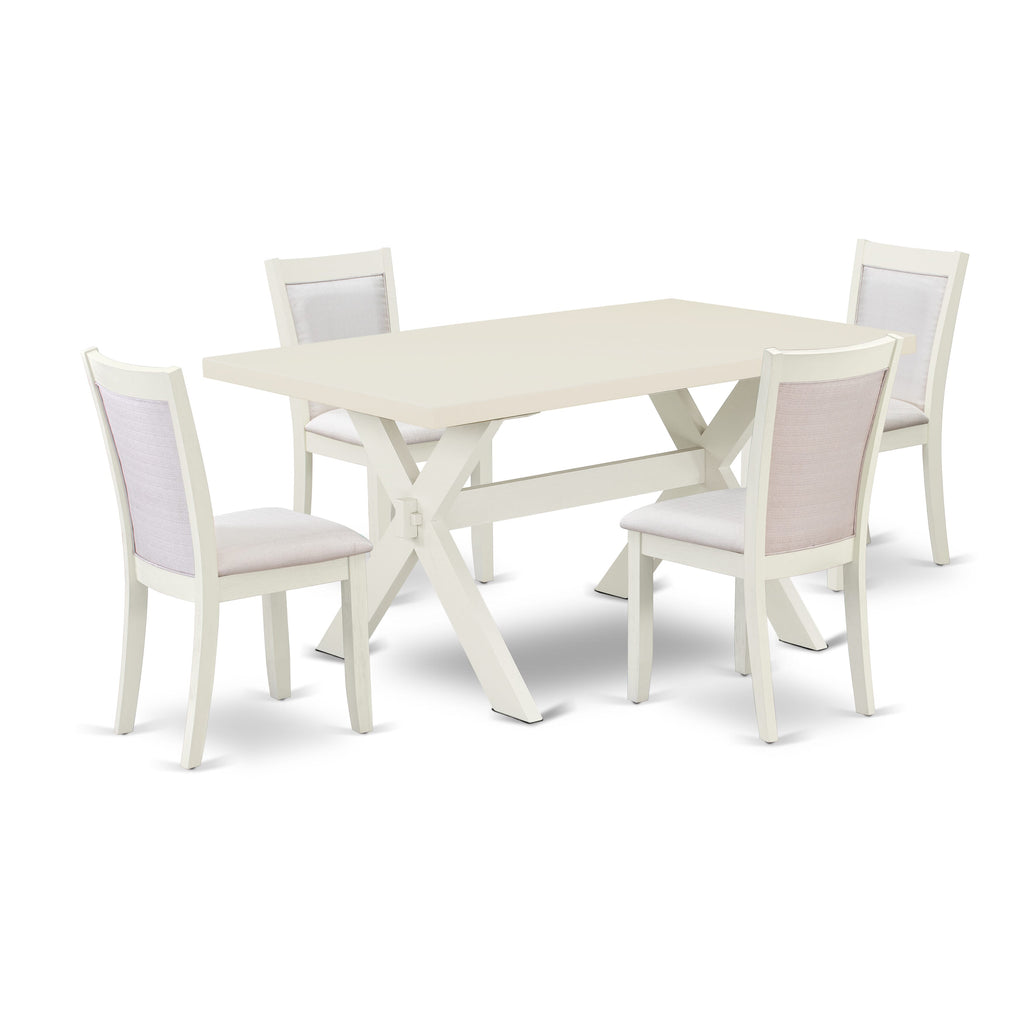 Juego de comedor de 5 piezas East West Furniture X026MZ001-5. Incluye una mesa de comedor rectangular con patas en forma de X y 4 sillas Parson tapizadas en tela de lino color crema.