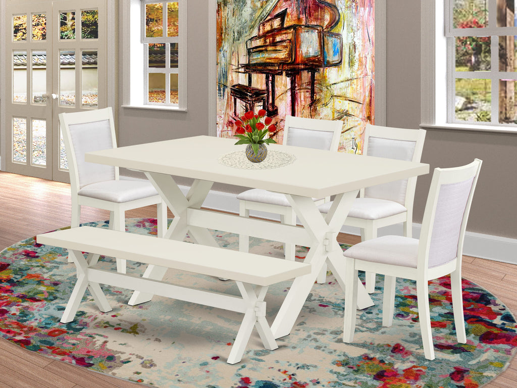 Juego de mesa de comedor de 6 piezas East West Furniture X026MZ001-6. Contiene una mesa de comedor rectangular con patas en forma de X y 4 sillas Parson de tela de lino color crema con un banco.