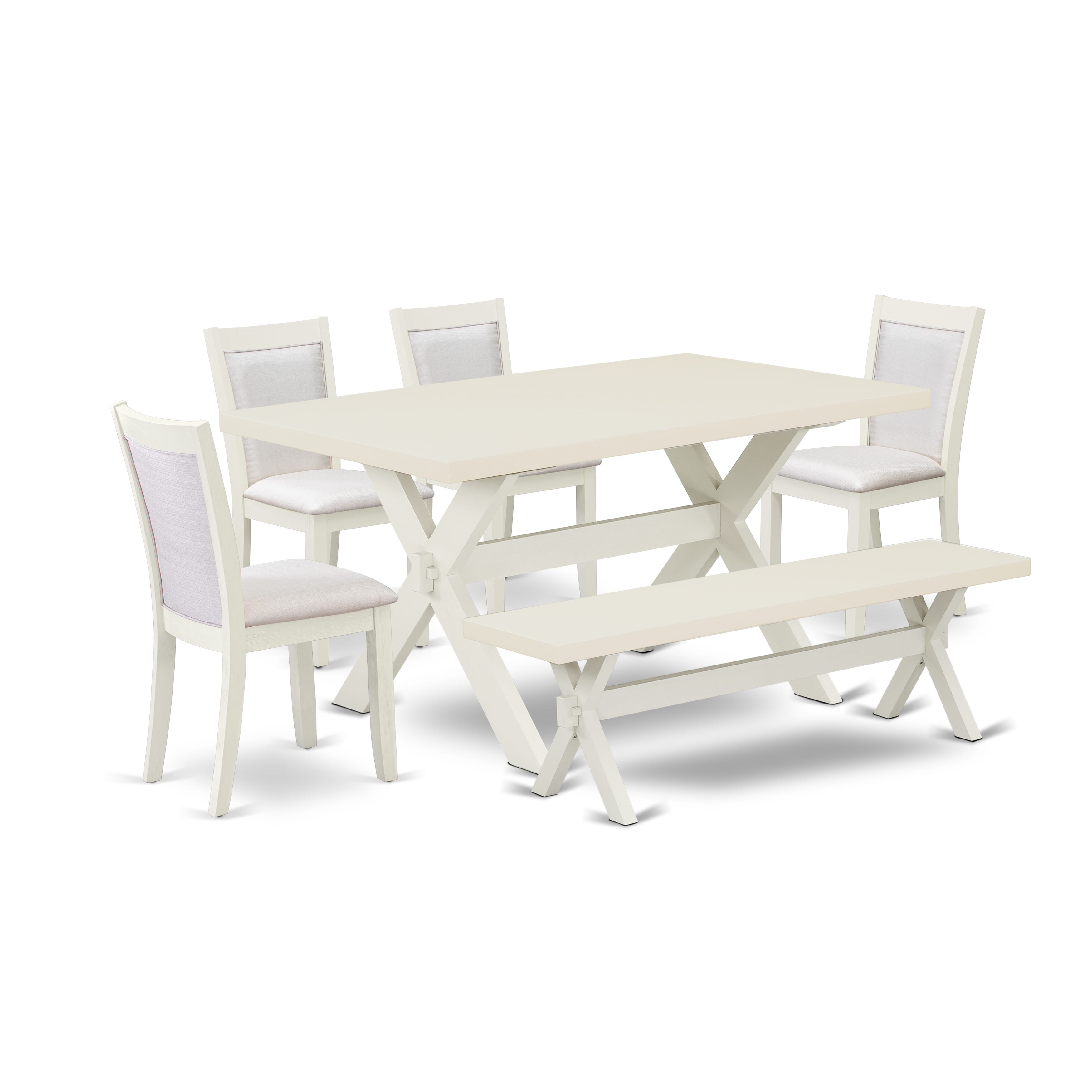 East West Furniture X026MZ001-6 6-Piece Dinette Set Contains a Rectangular Table - 4 Cream Linen Fabric Dining Chairs with Stylish Back and a Dining Room Bench - Wire Brushed linen white Finish