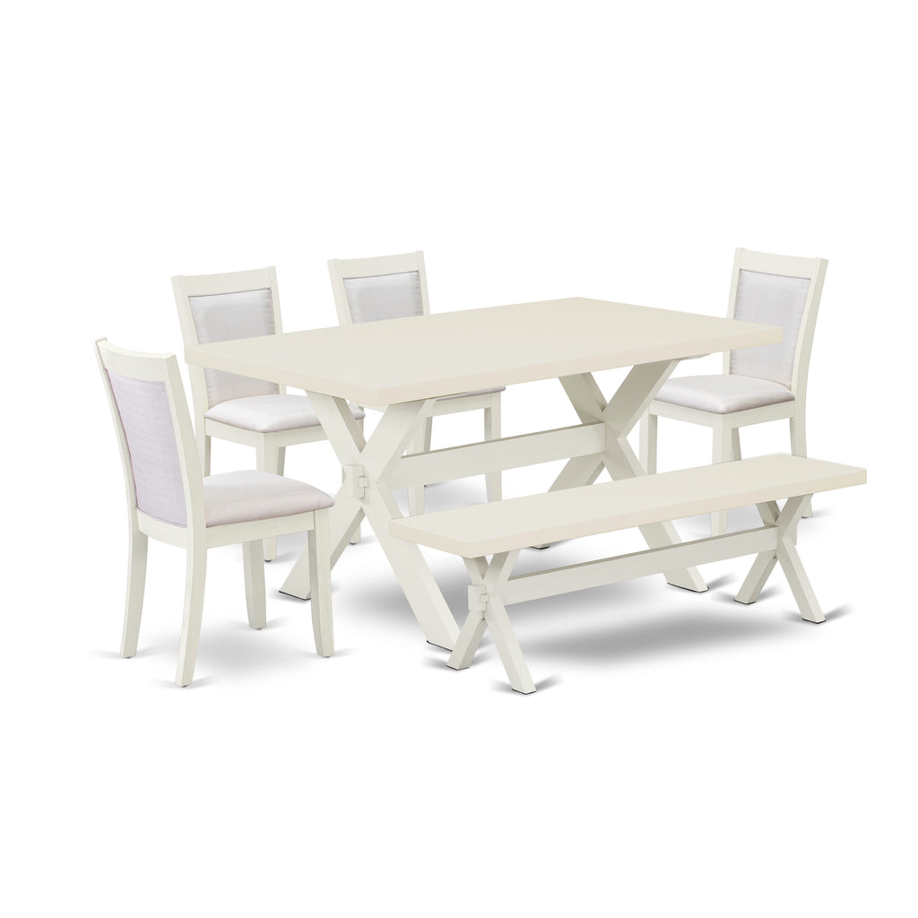 Juego de mesa de comedor de 6 piezas East West Furniture X026MZ001-6. Contiene una mesa de comedor rectangular con patas en forma de X y 4 sillas Parson de tela de lino color crema con un banco.