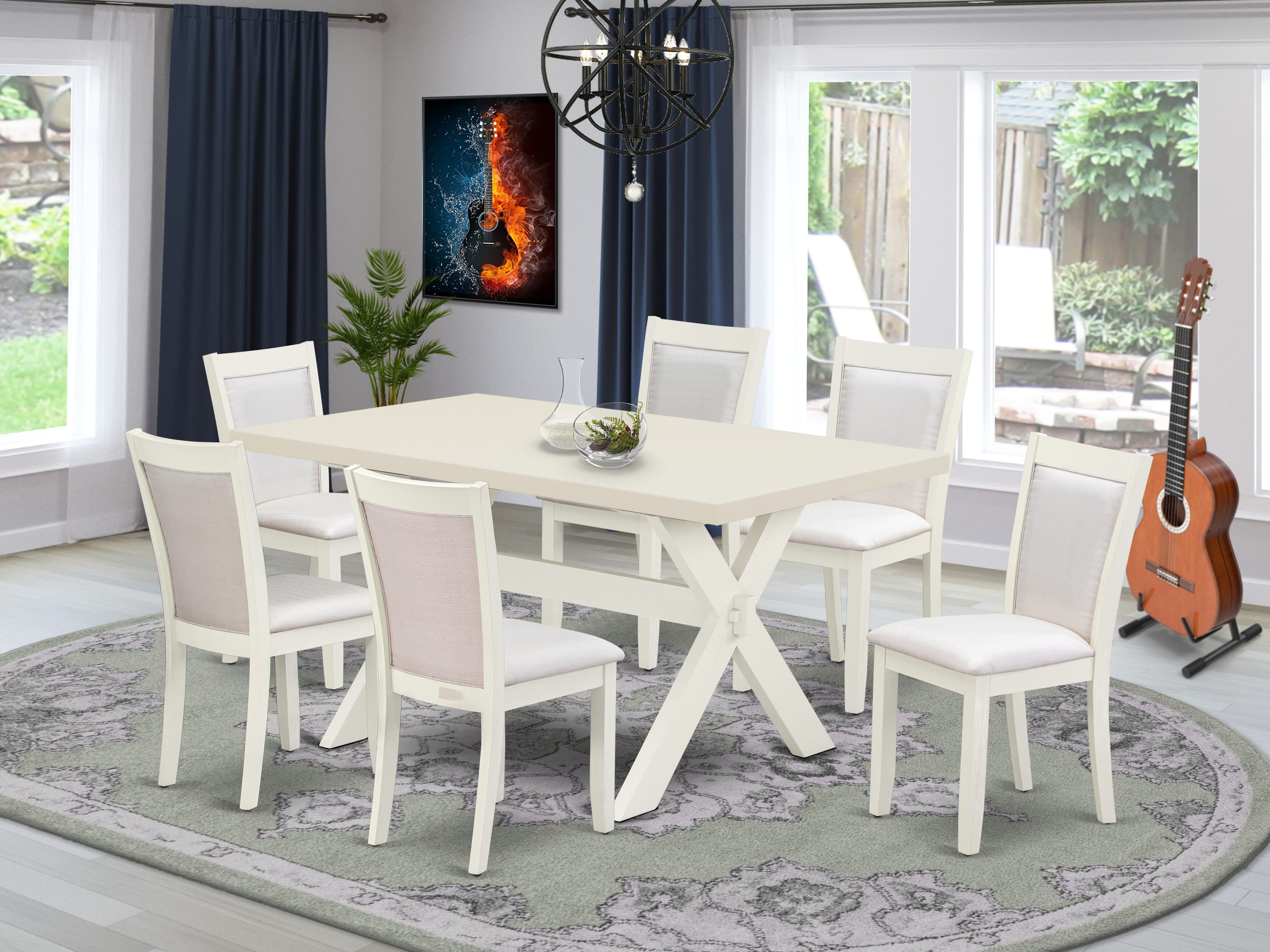 East West Furniture X026MZ001-7 7-Piece Dining Set Contains a Dining Table and 6 Cream Linen Fabric Upholstered Chairs with Stylish Back - Wire Brushed linen white Finish