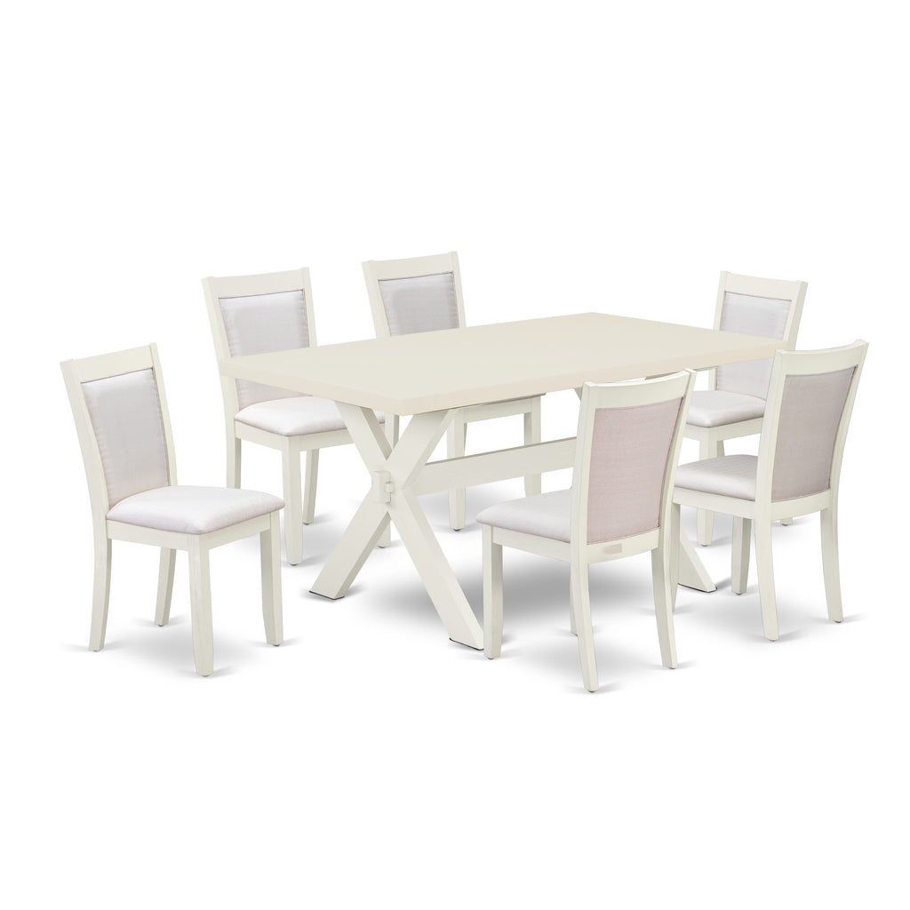 East West Furniture X026MZ001-7 7 Piece Kitchen Table Set Consist of a Rectangle Dining Table with X-Legs and 6 Cream Linen Fabric Parson Dining Chairs