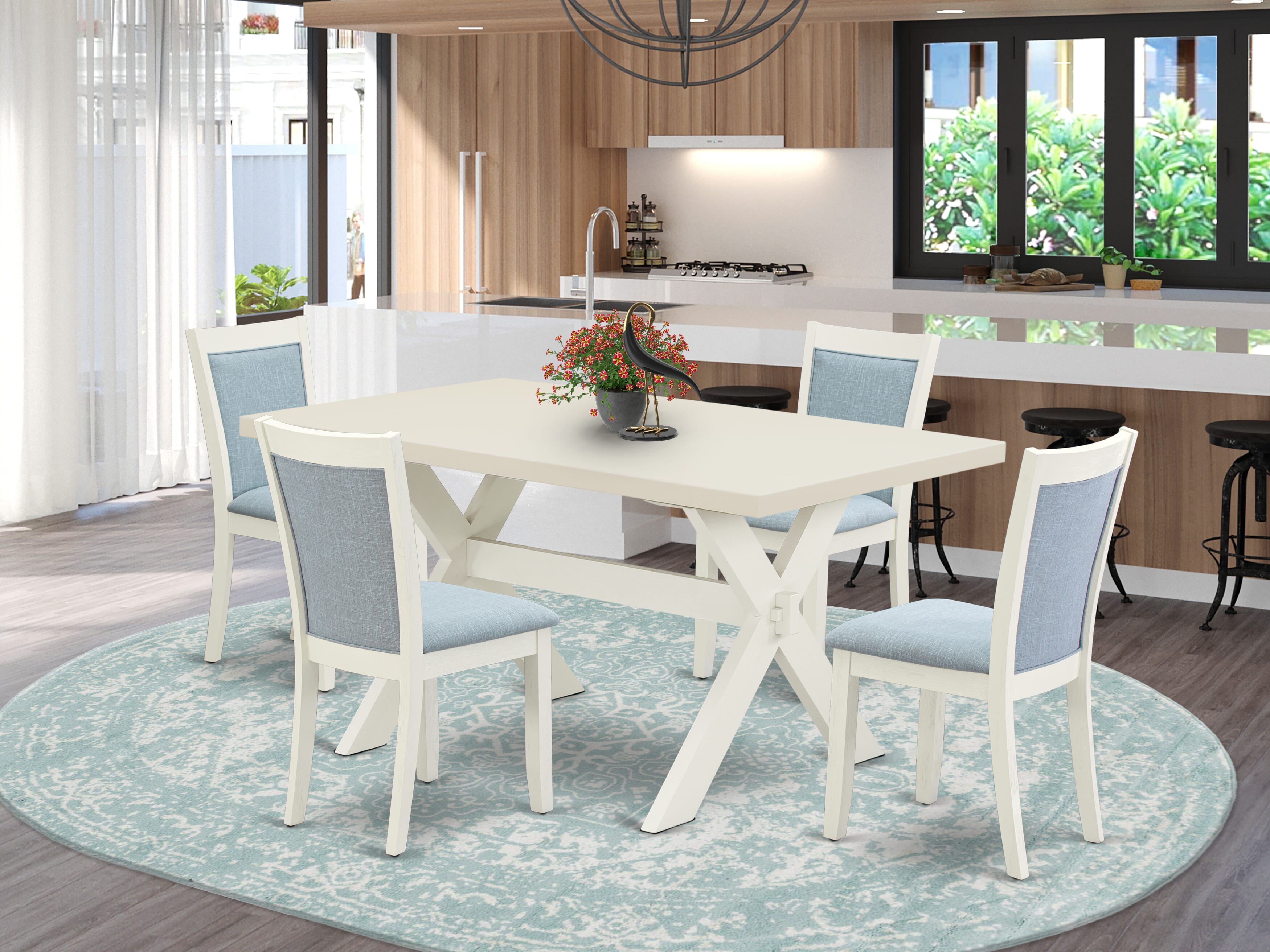 East West Furniture X026MZ015-5 5-Piece Dining Room Table Set Contains a Dining Table and 4 Baby Blue Linen Fabric Kitchen Chairs with Stylish Back - Wire Brushed linen white Finish