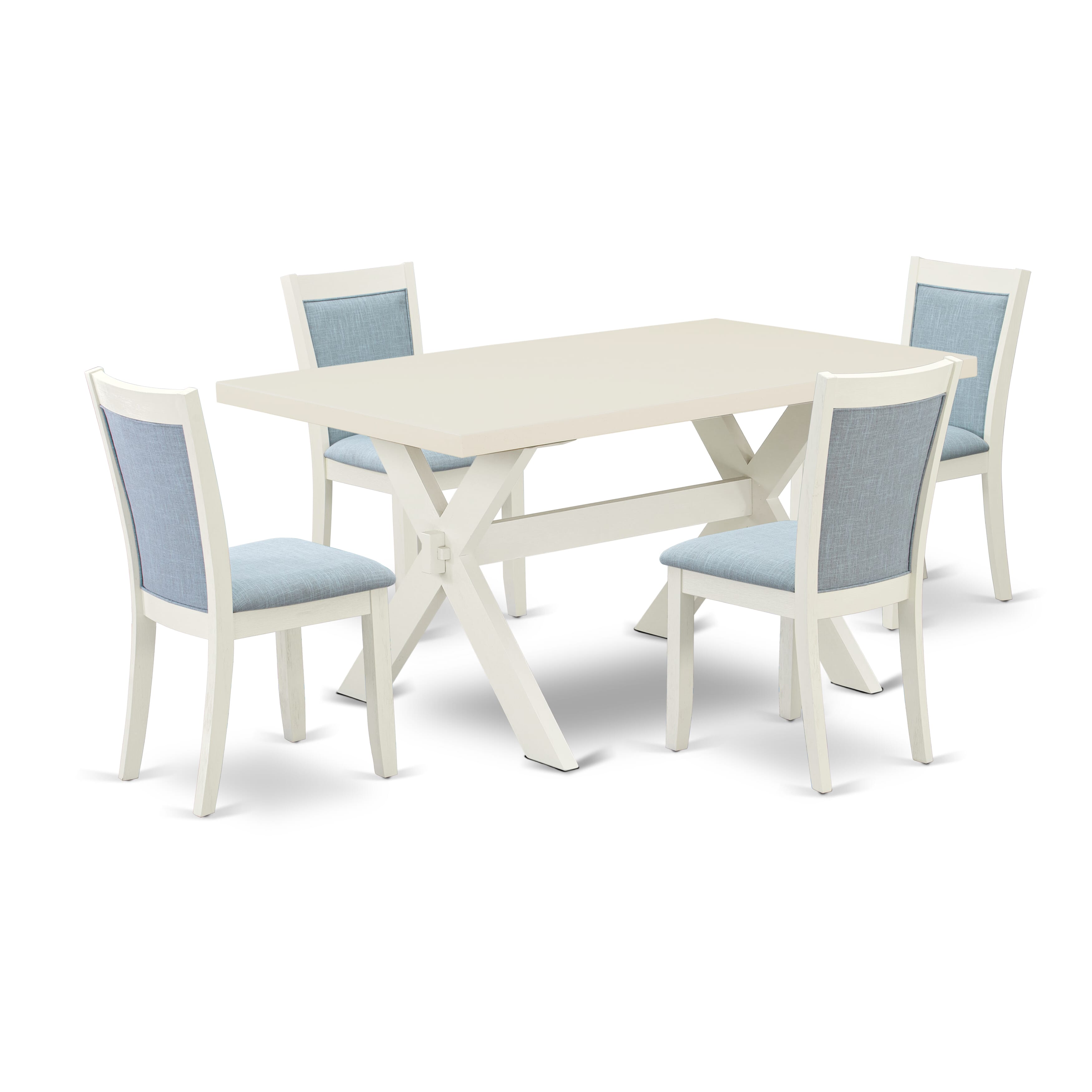 East West Furniture X026MZ015-5 5-Piece Dining Room Table Set Contains a Dining Table and 4 Baby Blue Linen Fabric Kitchen Chairs with Stylish Back - Wire Brushed linen white Finish