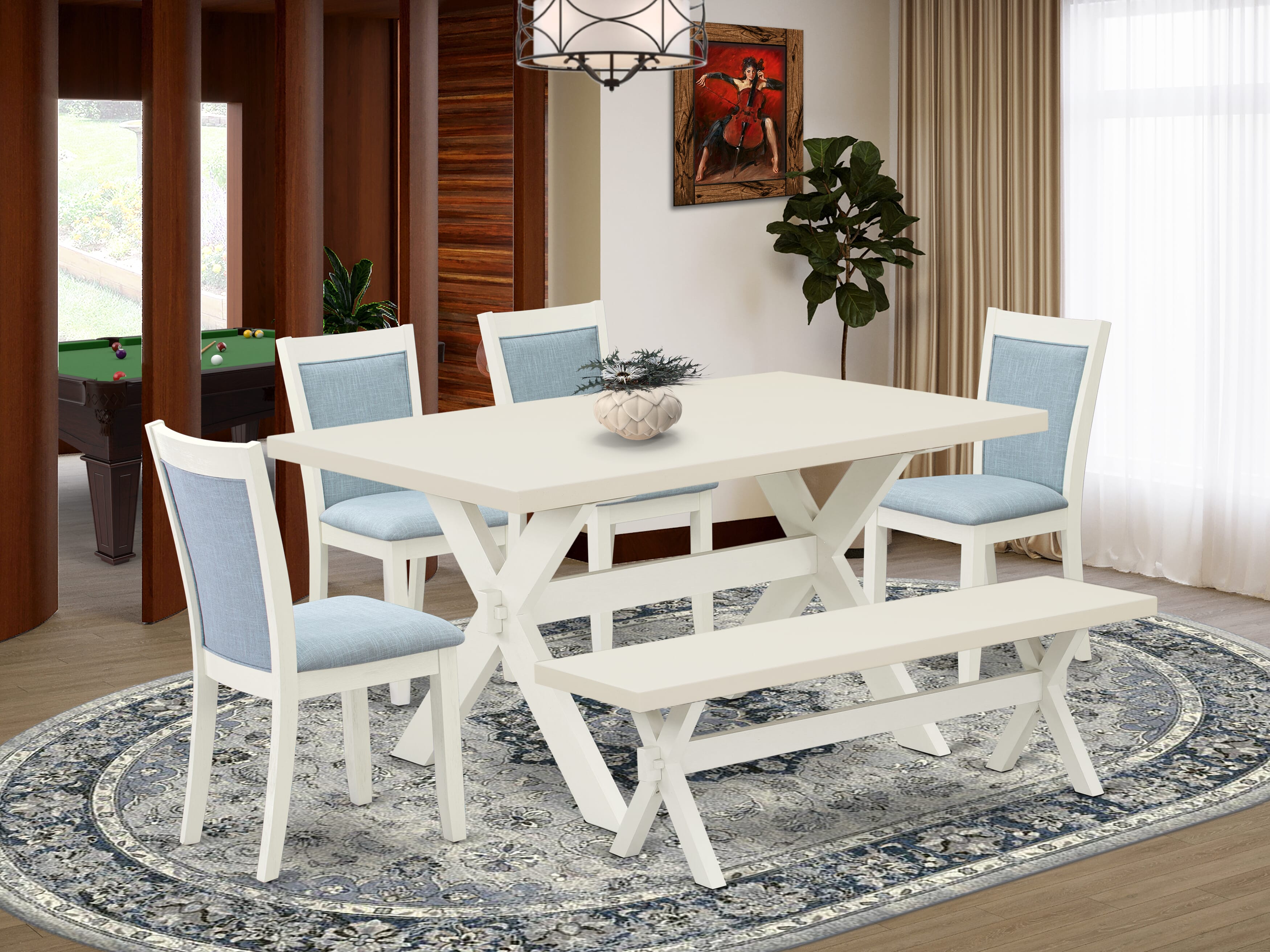 East West Furniture X026MZ015-6 6-Piece Dining Room Table Set Contains a Dining Table - 4 Baby Blue Linen Fabric Dining Chairs with Stylish Back and a Kitchen Bench - Wire Brushed linen white Finish