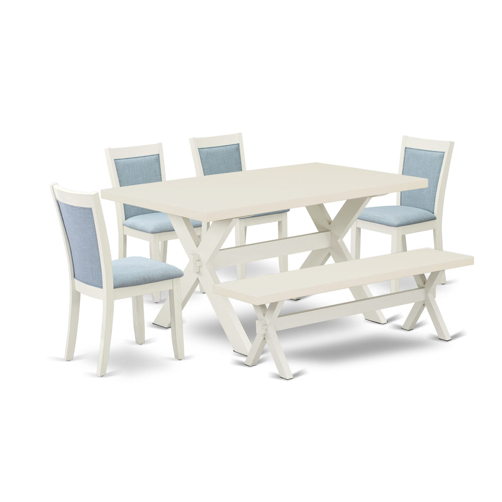 Juego de mesa de comedor de 6 piezas East West Furniture X026MZ015-6. Contiene una mesa de cocina rectangular con patas en forma de X y 4 sillas Parson de tela de lino azul bebé con un banco.