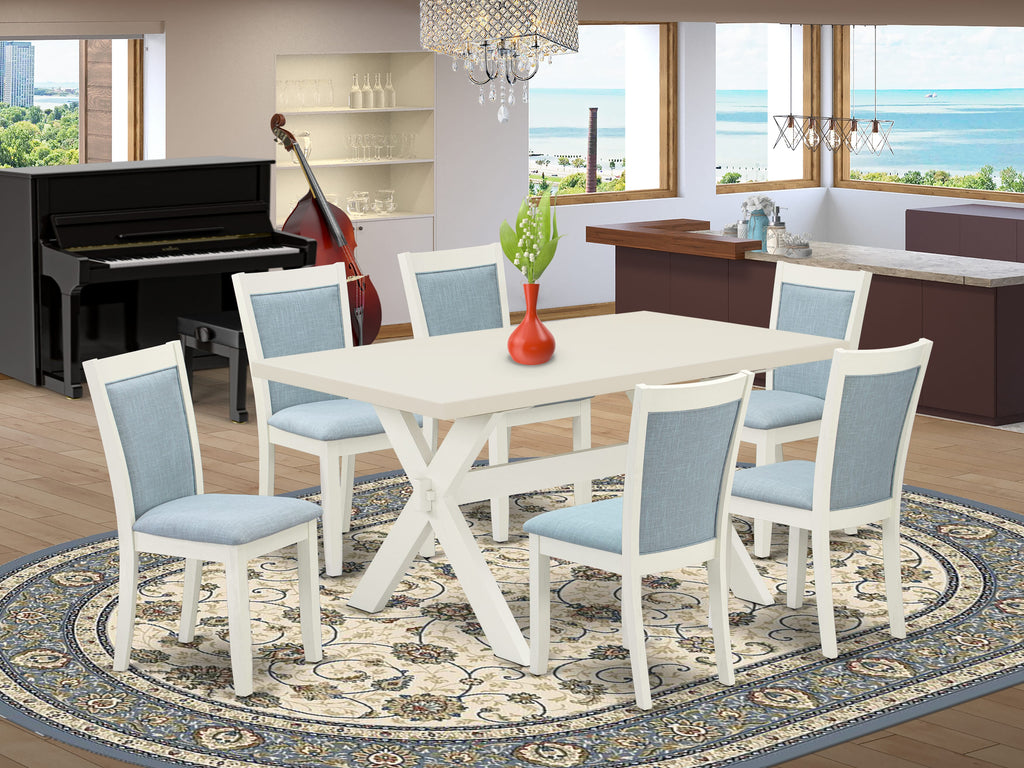 Juego de comedor de 7 piezas East West Furniture X026MZ015-7 compuesto por una mesa de comedor rectangular con patas en forma de X y 6 sillas Parson tapizadas en tela de lino azul bebé.