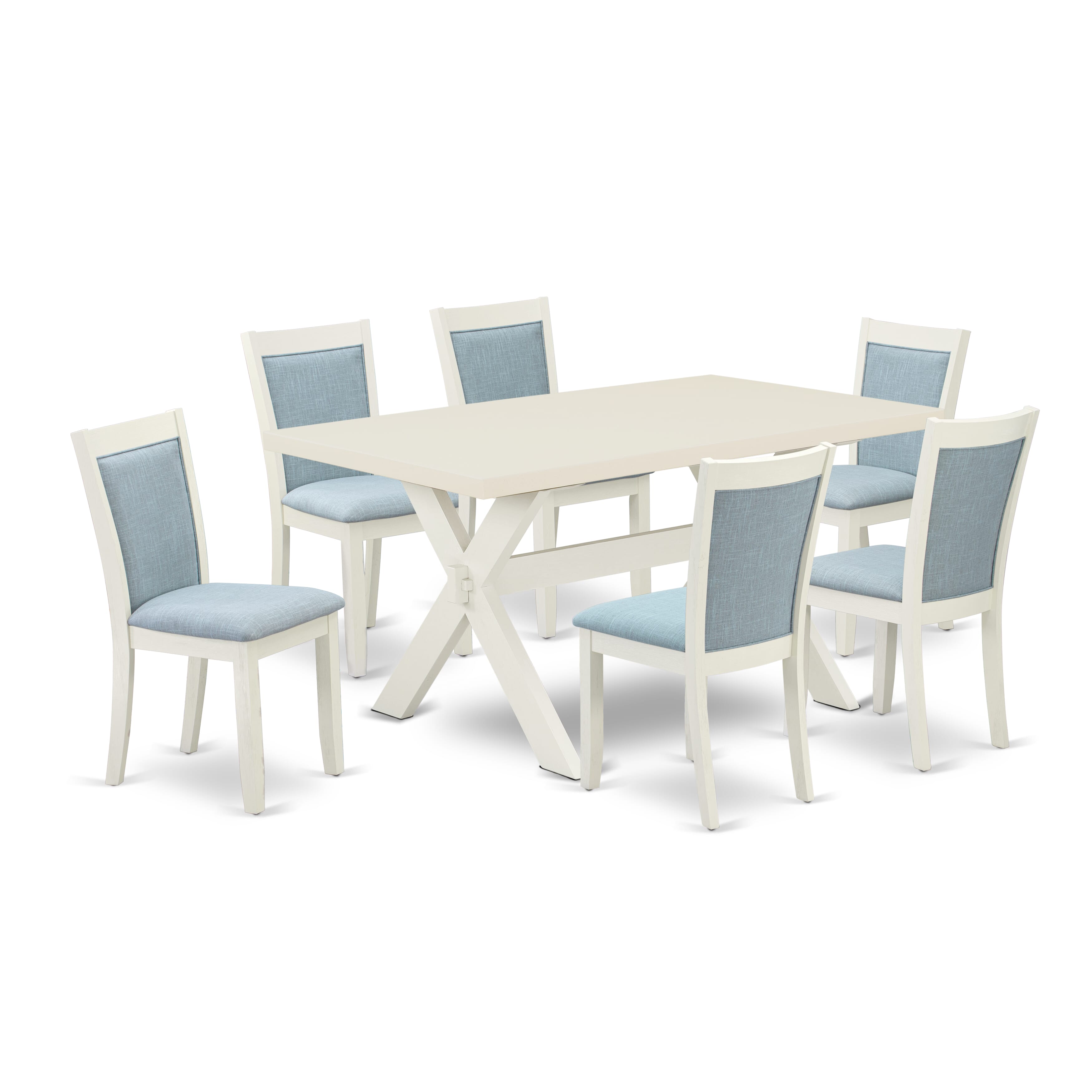 East West Furniture X026MZ015-7 7-Piece Dining Table Set Contains a Wooden Table and 6 Baby Blue Linen Fabric Dining Room Chairs with Stylish Back - Wire Brushed linen white Finish