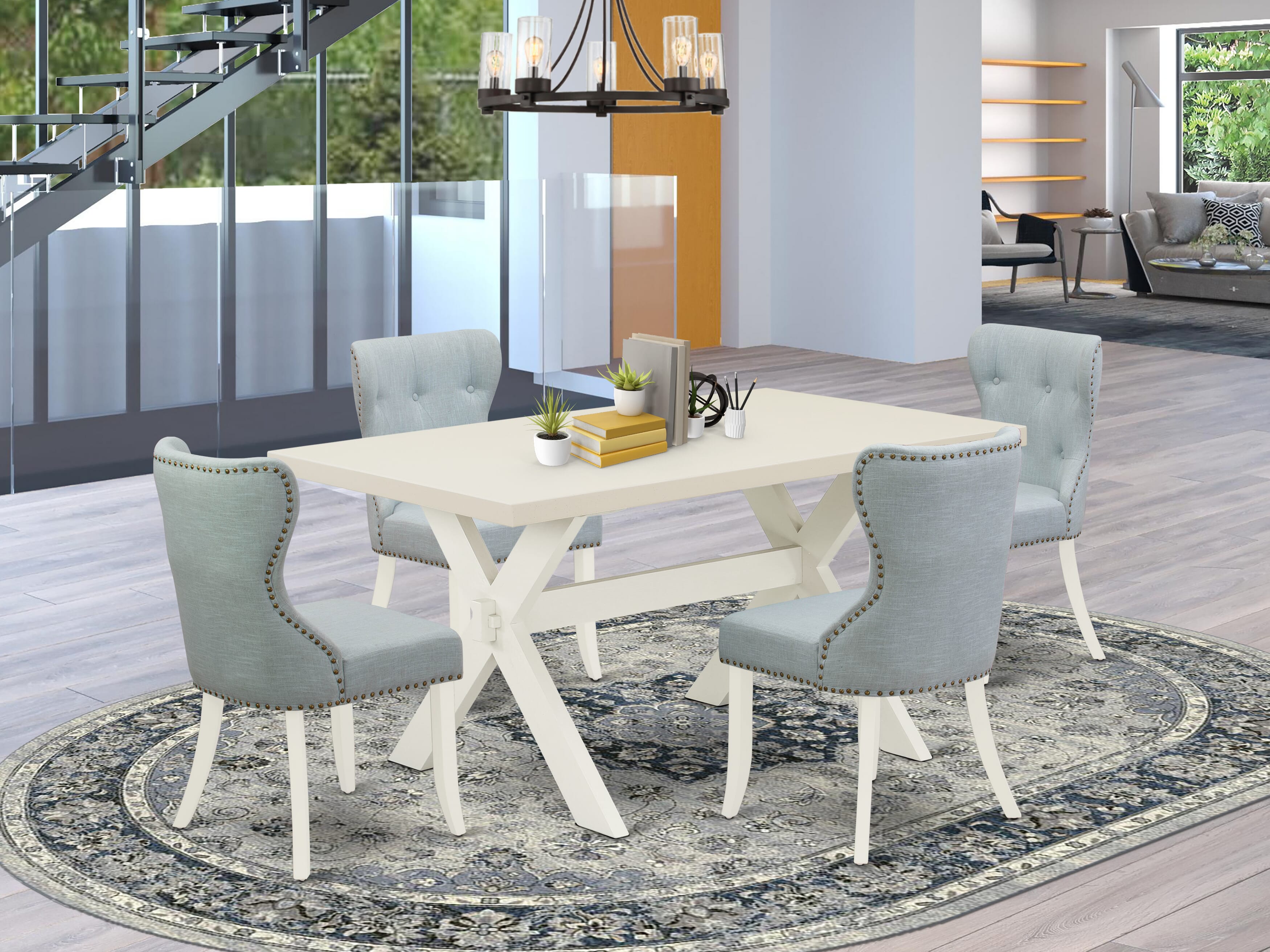 Juego de comedor de 5 piezas East West Furniture X026SI215-5. Incluye una mesa de comedor rectangular con patas en forma de X y 4 sillas tapizadas en tela de lino azul bebé.