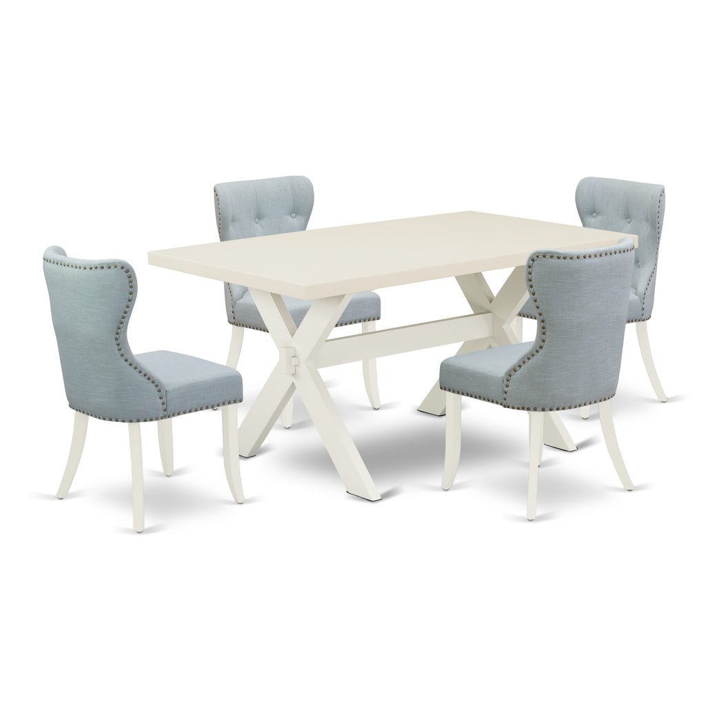 East West Furniture X026SI215-5 5 Piece Dining Room Furniture Set Includes a Rectangle Dining Table with X-Legs and 4 Baby Blue Linen Fabric Upholstered Chairs