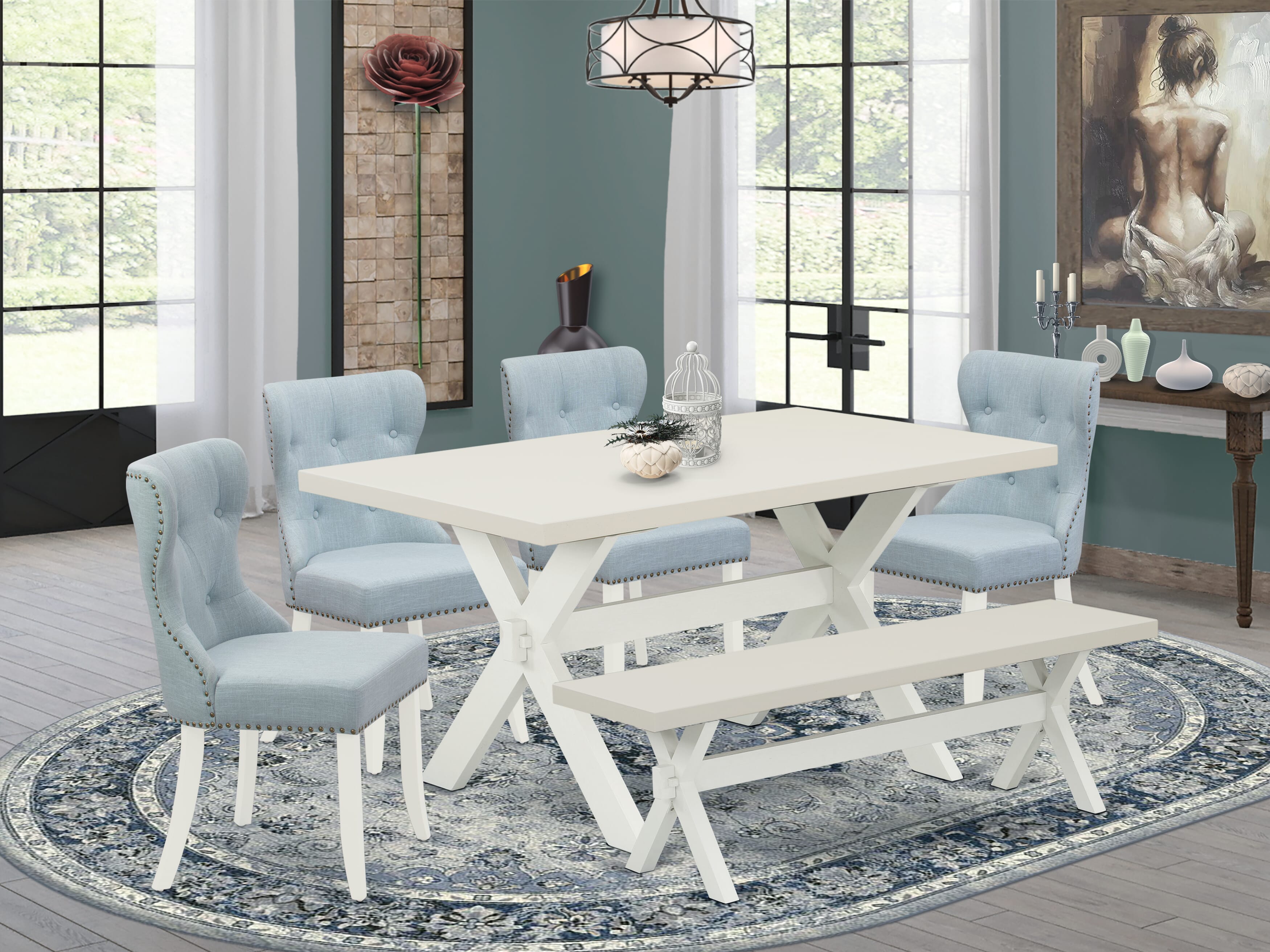 East West Furniture 6-Pc Dinette Set- 4 Dining Chairs with Baby Blue Linen Fabric Seat and Button Tufted Chair Back - Rectangular top & Wooden Cross Legs Kitchen Dining Table and Wooden Dining Bench (linen white Finish)