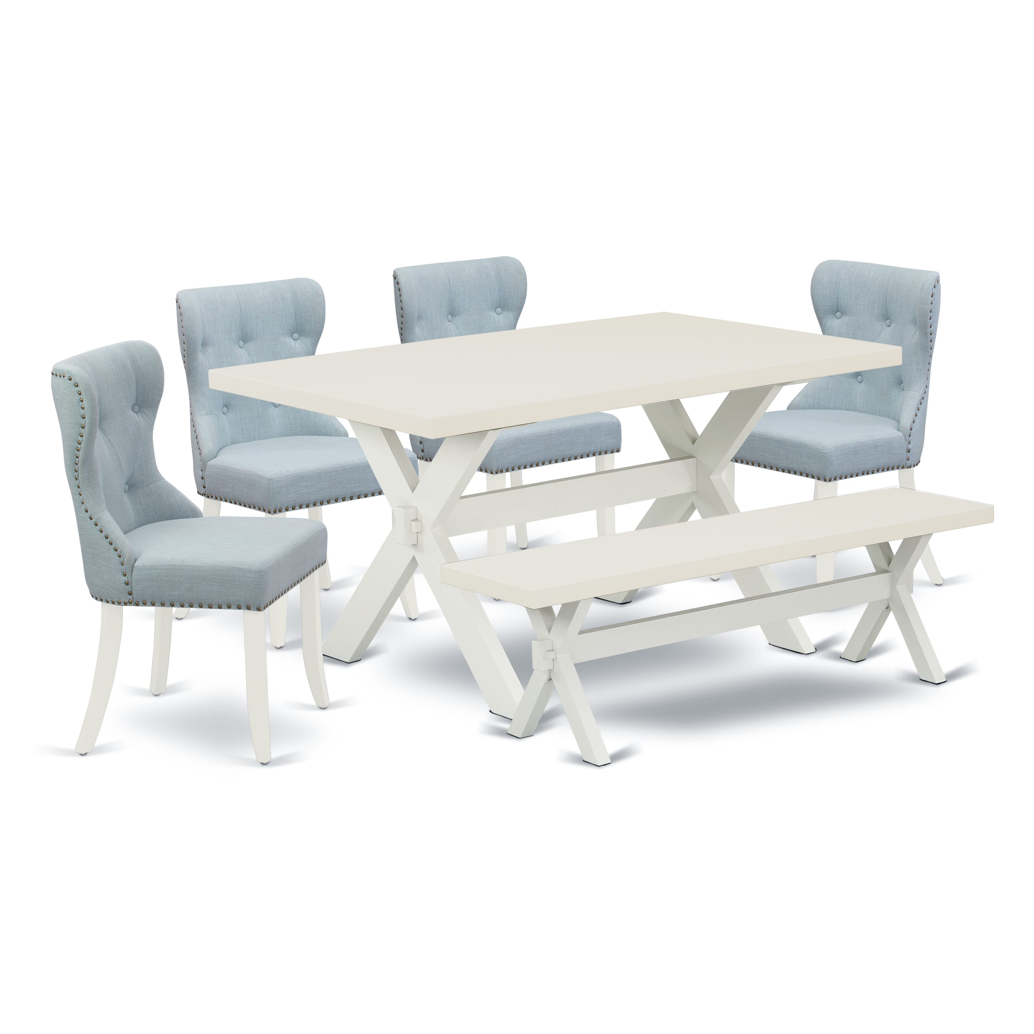 East West Furniture 6-Pc Dinette Set- 4 Dining Chairs with Baby Blue Linen Fabric Seat and Button Tufted Chair Back - Rectangular top & Wooden Cross Legs Kitchen Dining Table and Wooden Dining Bench (linen white Finish)