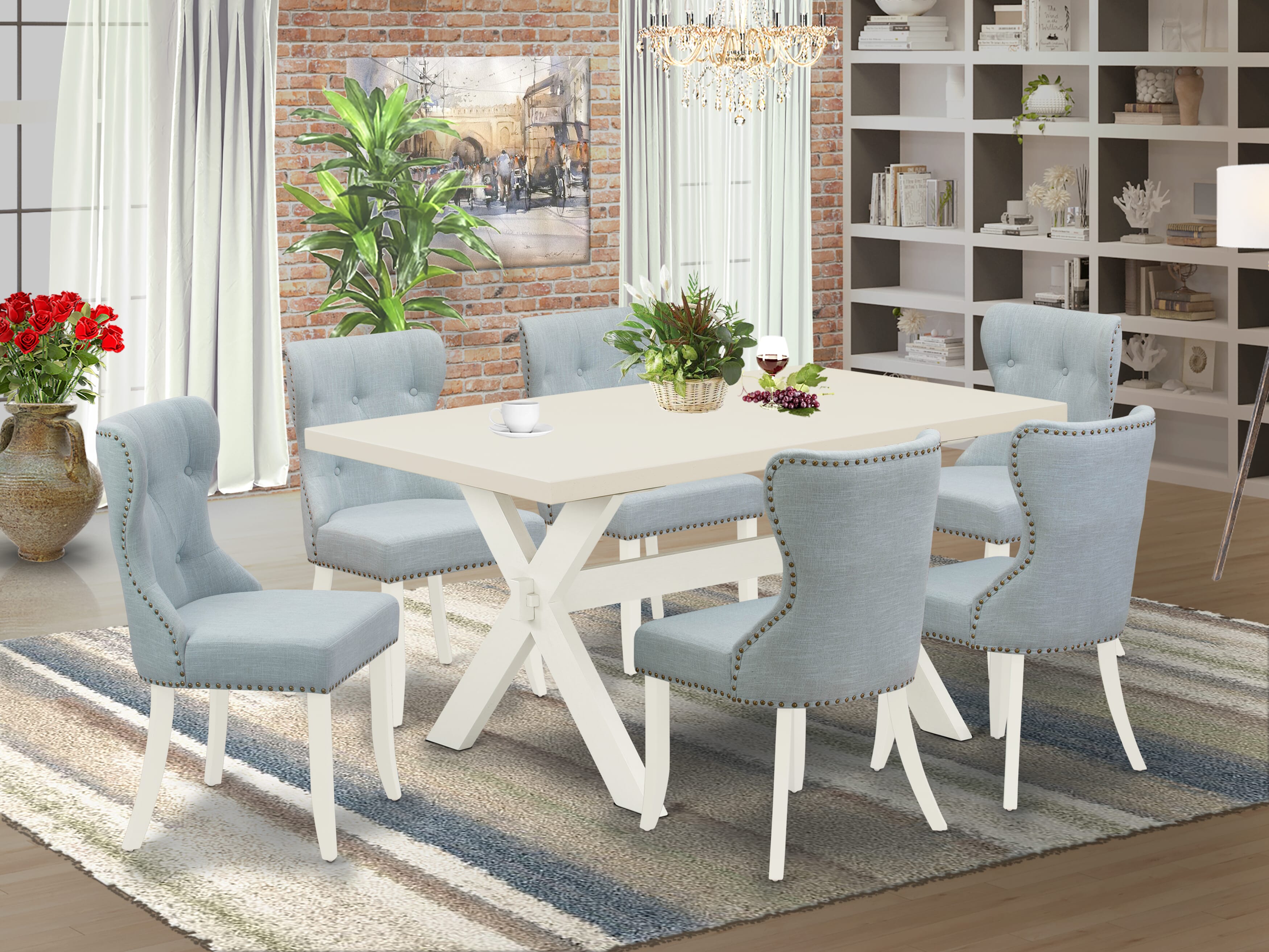 East West Furniture 7-Piece Dining Set- 6 padded parson chairs with Baby Blue Linen Fabric Seat and Button Tufted Chair Back - Rectangular Table top & Wooden Cross Legs (linen white Finish)