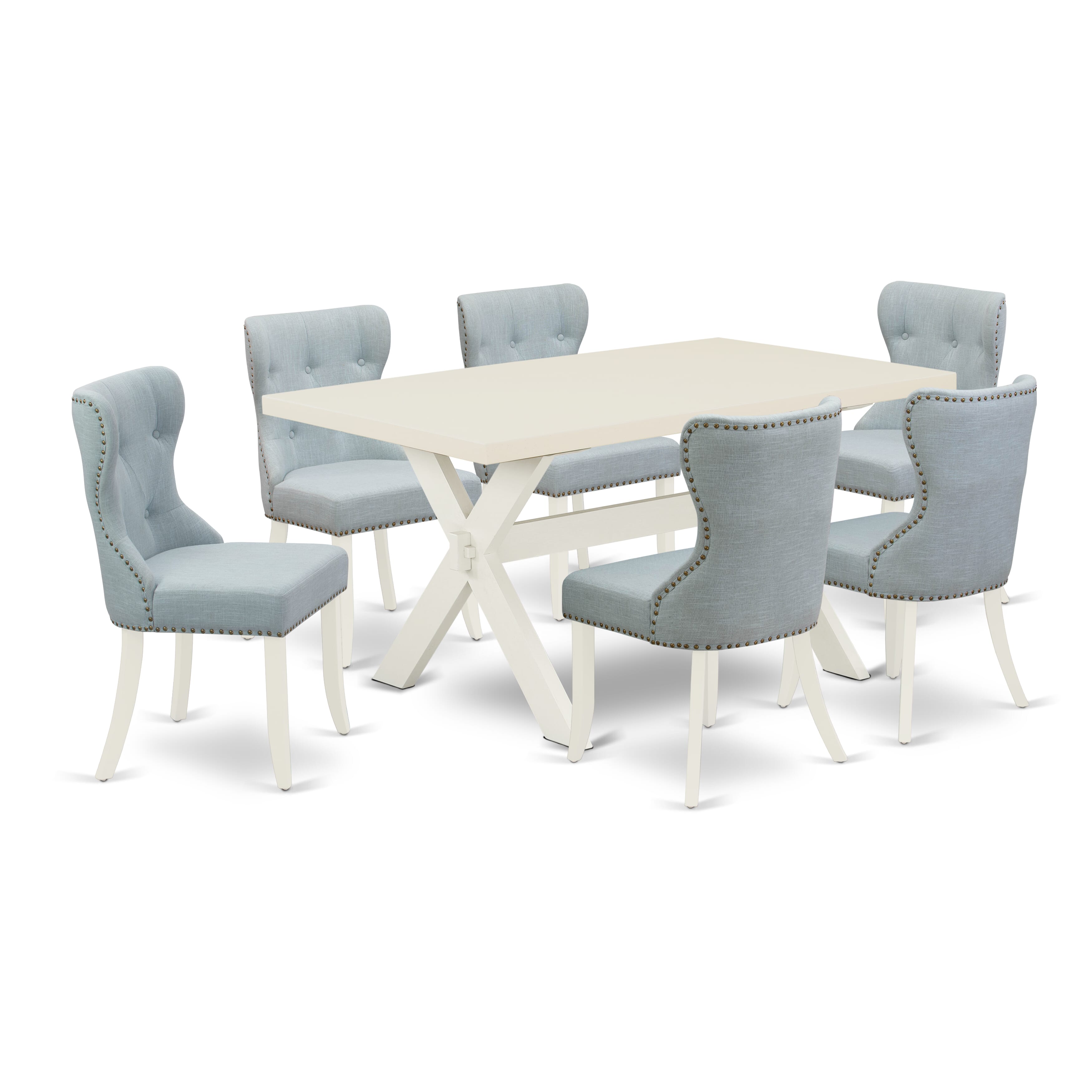 East West Furniture 7-Piece Dining Set- 6 padded parson chairs with Baby Blue Linen Fabric Seat and Button Tufted Chair Back - Rectangular Table top & Wooden Cross Legs (linen white Finish)