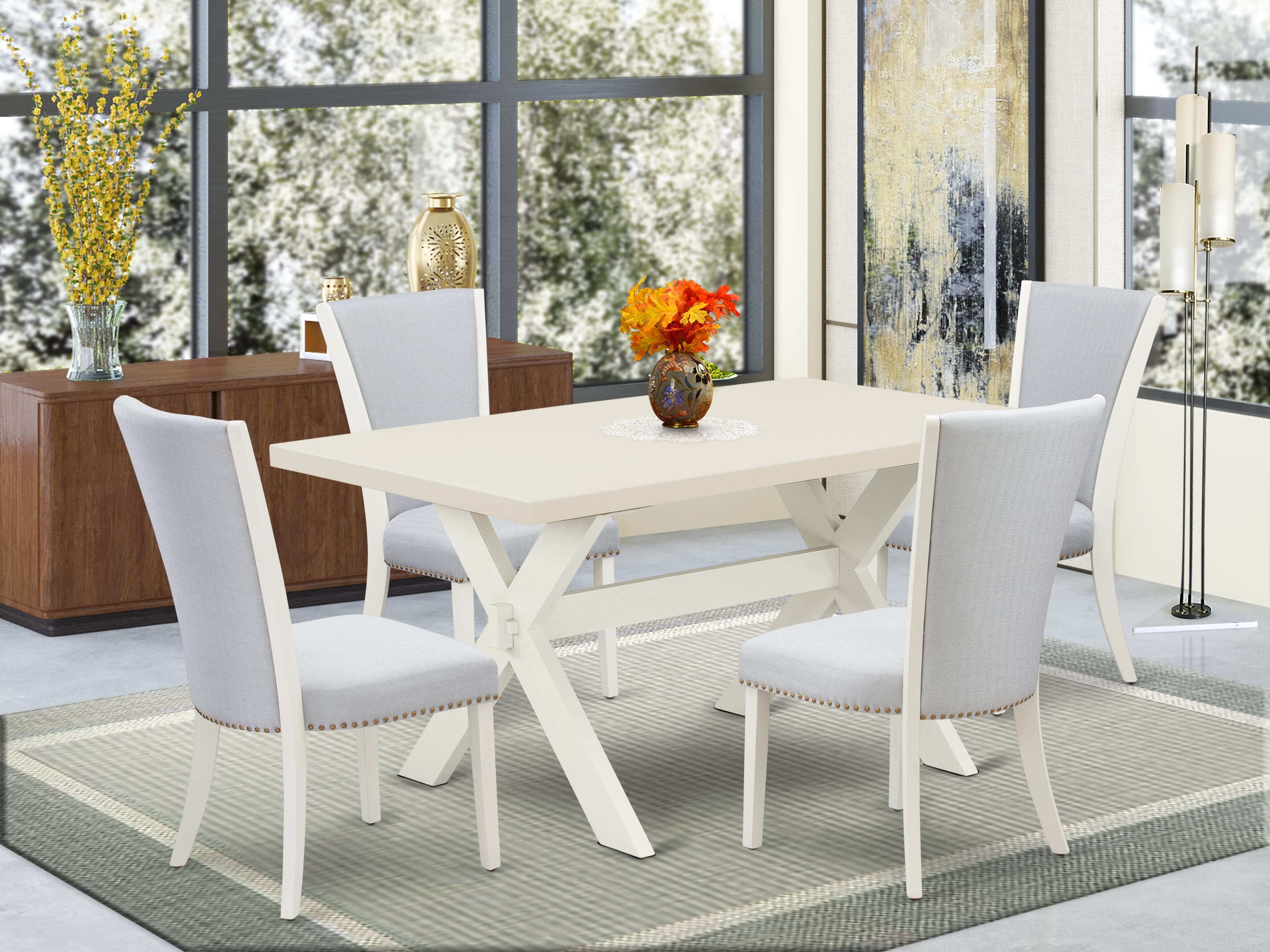 East West Furniture 5-Piece Dining Set Consists of 4 Dining Room Chairs with Upholstered Seat and Stylish Back-Rectangular Breakfast Table - Linen White and Wirebrushed Linen White Finish