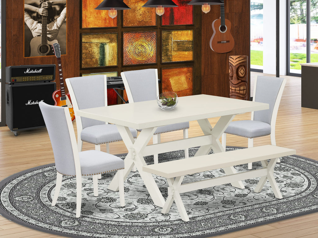 East West Furniture X026VE005-6 6 Piece Dining Set - linen white Rectangular Table, 1 Modern Bench, and 4 Grey Linen Fabric Parson Chairs with Nailheads - Wirebrushed linen white Finish