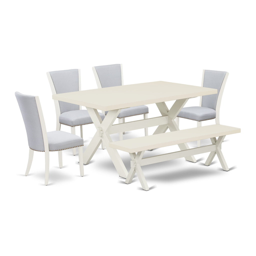 East West Furniture X026VE005-6 6 Piece Dining Set - linen white Rectangular Table, 1 Modern Bench, and 4 Grey Linen Fabric Parson Chairs with Nailheads - Wirebrushed linen white Finish