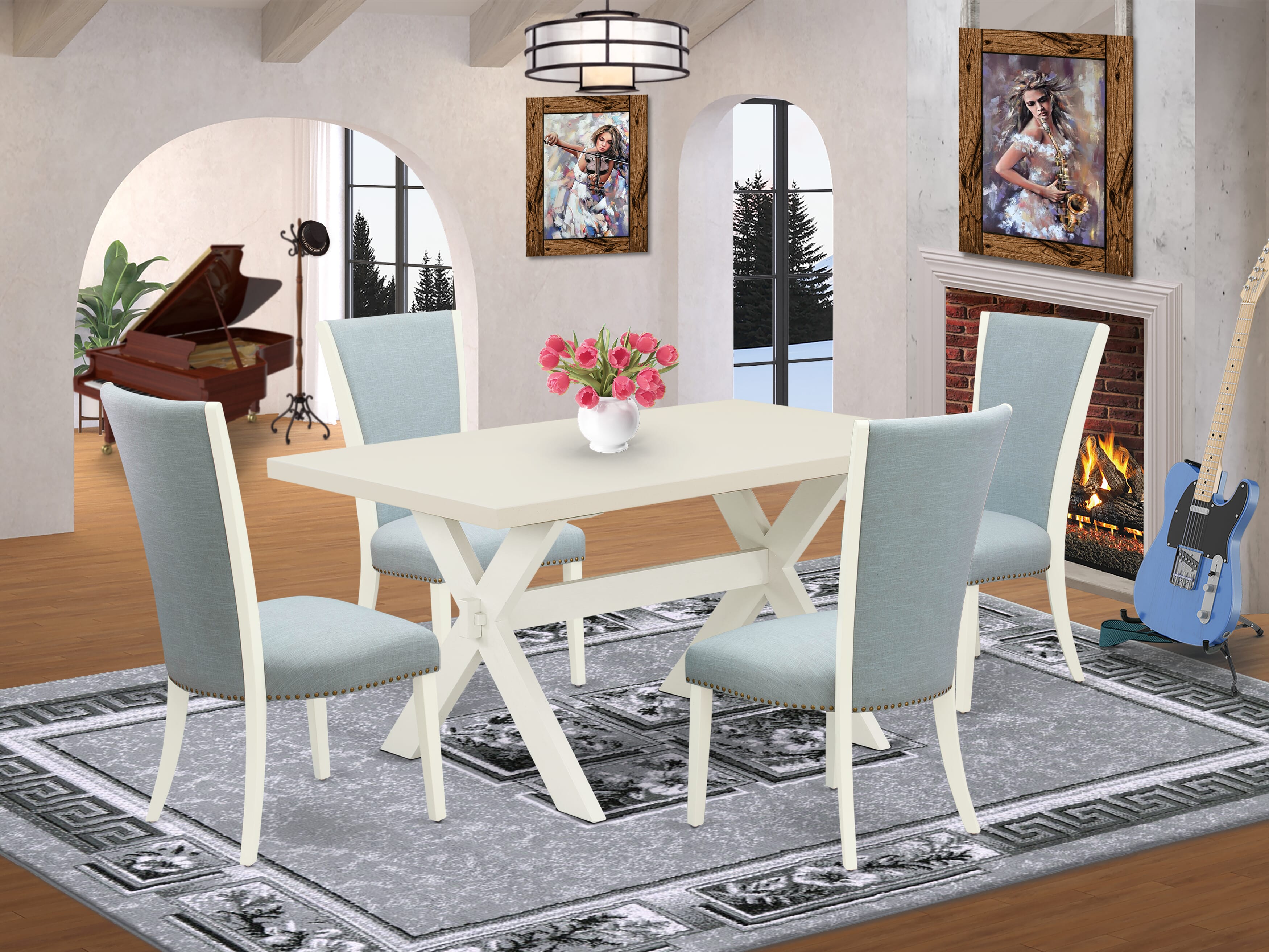 Juego de mesa y sillas de cocina de 5 piezas East West Furniture X026VE215-5. Incluye una mesa de comedor rectangular con patas en forma de X y 4 sillas Parsons de tela de lino azul bebé.