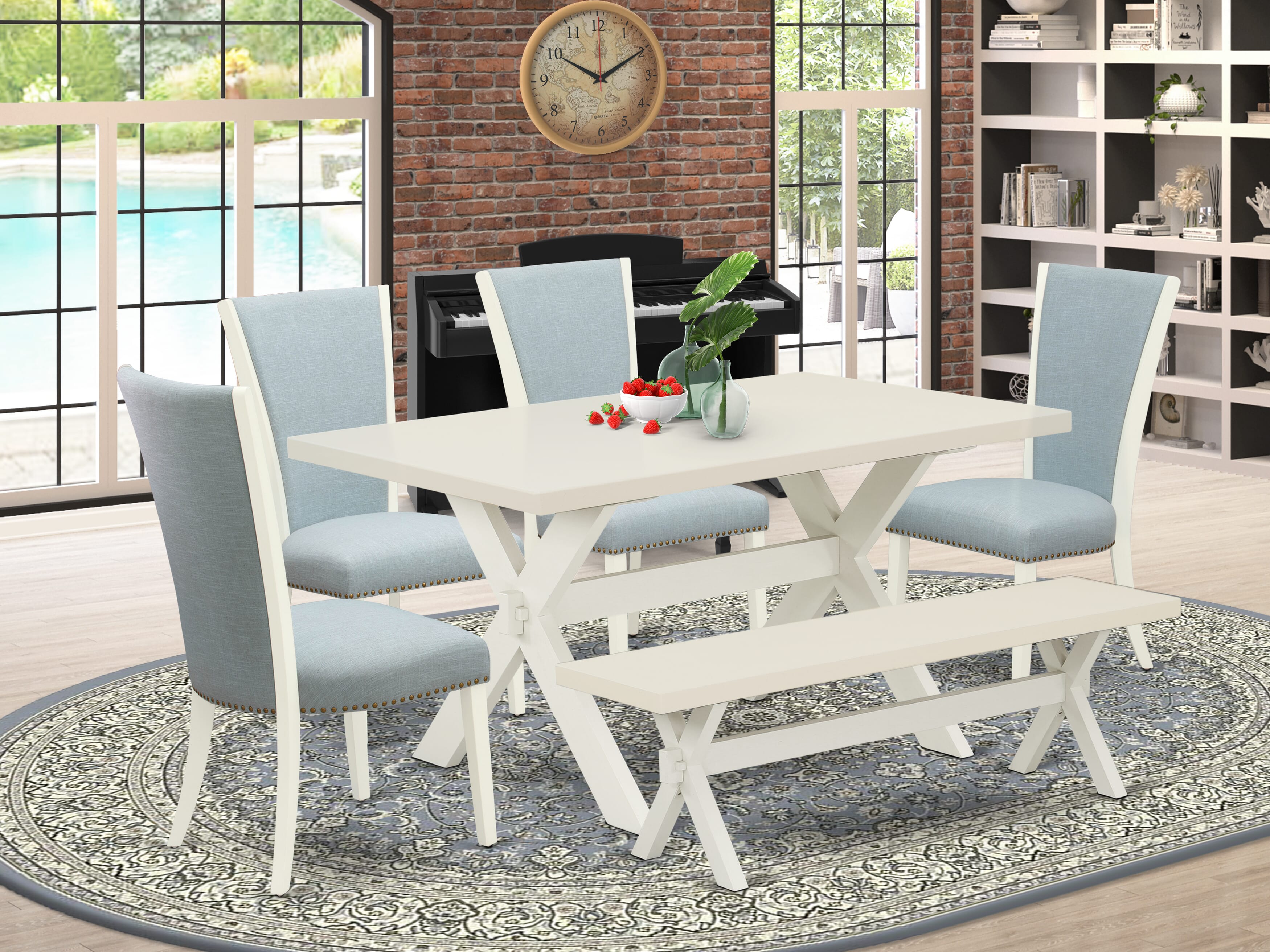 East West Furniture X026VE215-6 6 Piece Dinette Set - 4 Baby Blue Linen Fabric Dining Room Chairs with Nailheads and linen white Wooden Dining Table - 1 Wooden Bench - linen white Finish