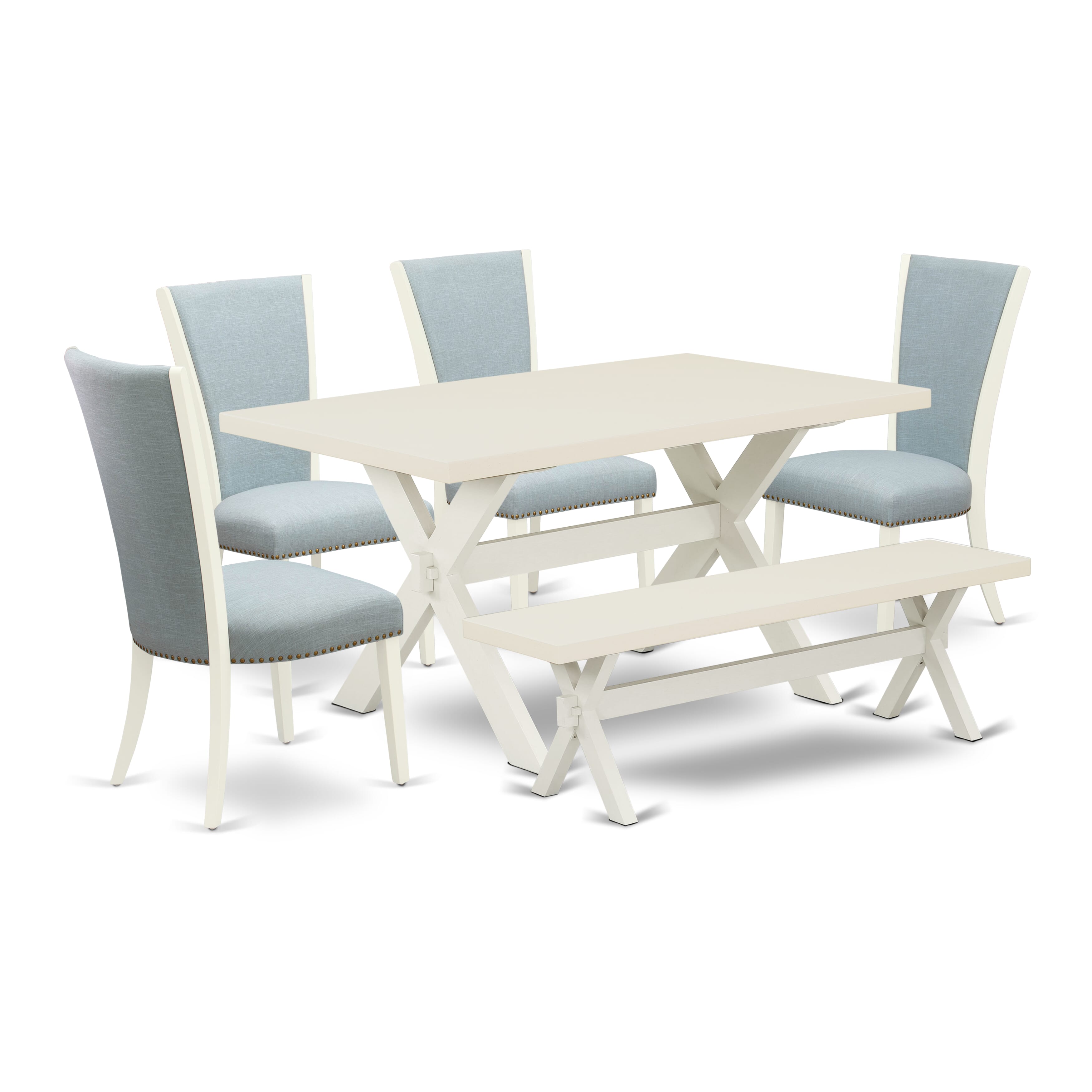 East West Furniture X026VE215-6 6 Piece Dinette Set - 4 Baby Blue Linen Fabric Dining Room Chairs with Nailheads and linen white Wooden Dining Table - 1 Wooden Bench - linen white Finish