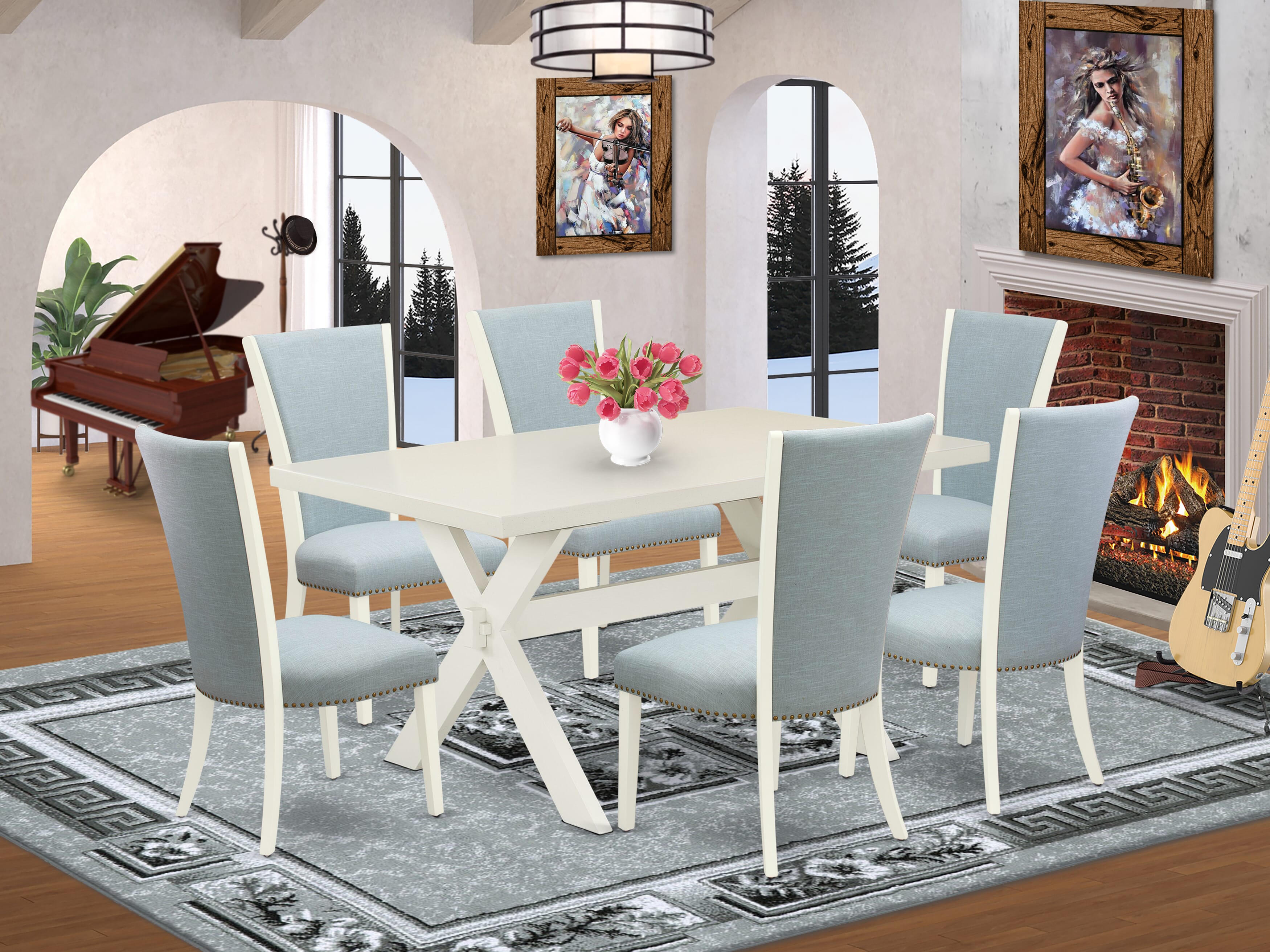 East West Furniture X026VE215-7 7 Piece Mid Century Dining Set - 6 Baby Blue Linen Fabric Kitchen Chair with Nailheads and linen white Wooden Dining Table - linen white Finish