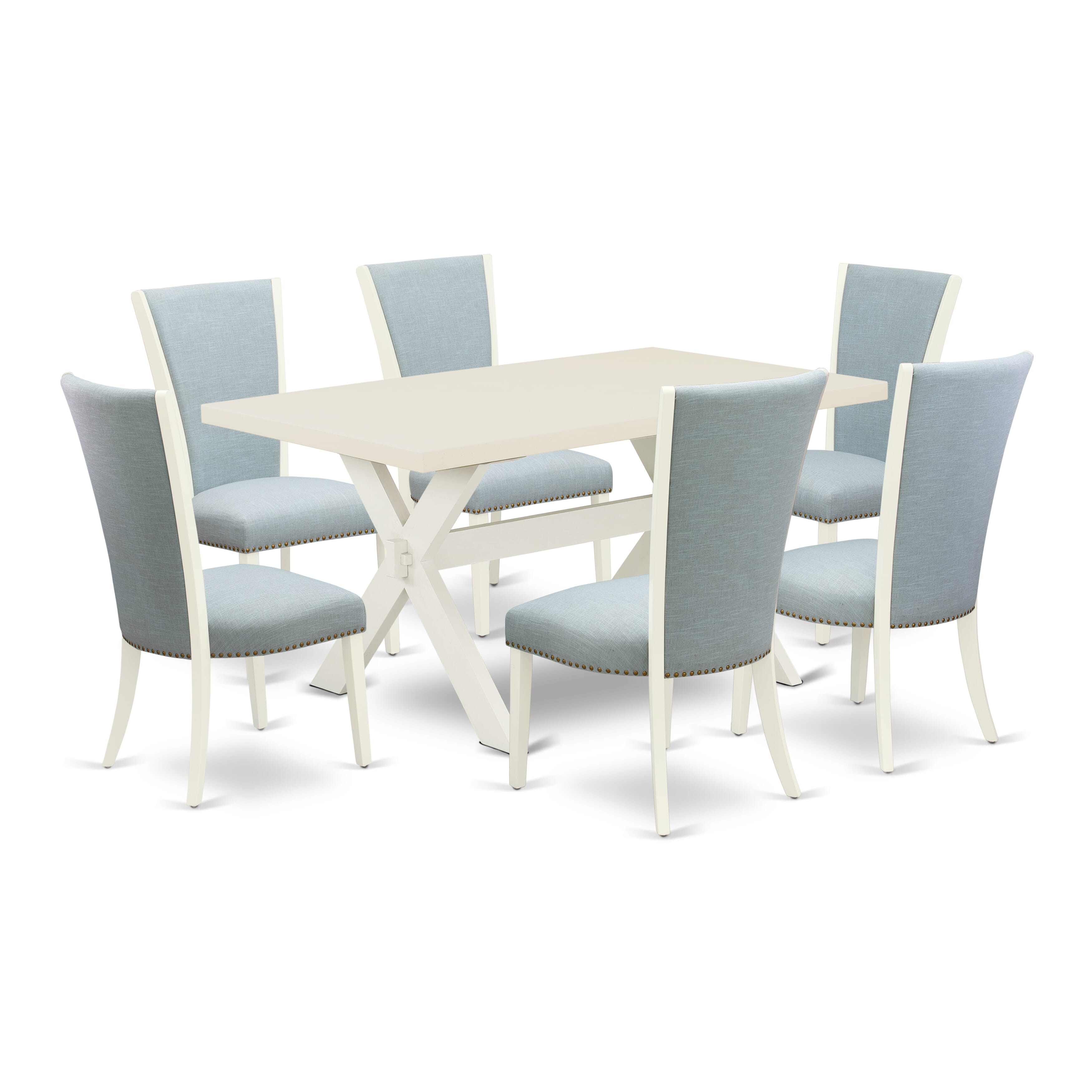 East West Furniture X026VE215-7 7 Piece Mid Century Dining Set - 6 Baby Blue Linen Fabric Kitchen Chair with Nailheads and linen white Wooden Dining Table - linen white Finish