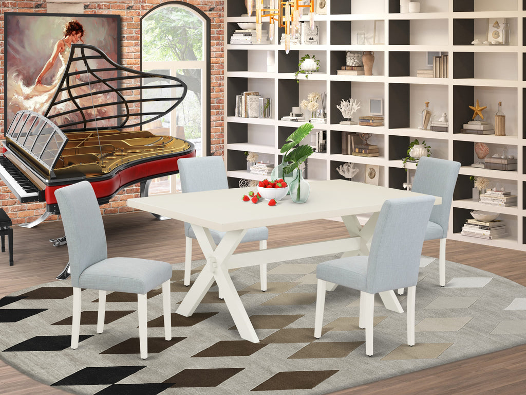 East West Furniture X027AB015-5 5 Piece Dining Table Set for 4 Includes a Rectangle Kitchen Table with X-Legs and 4 Baby Blue Linen Fabric Parson Dining Chairs